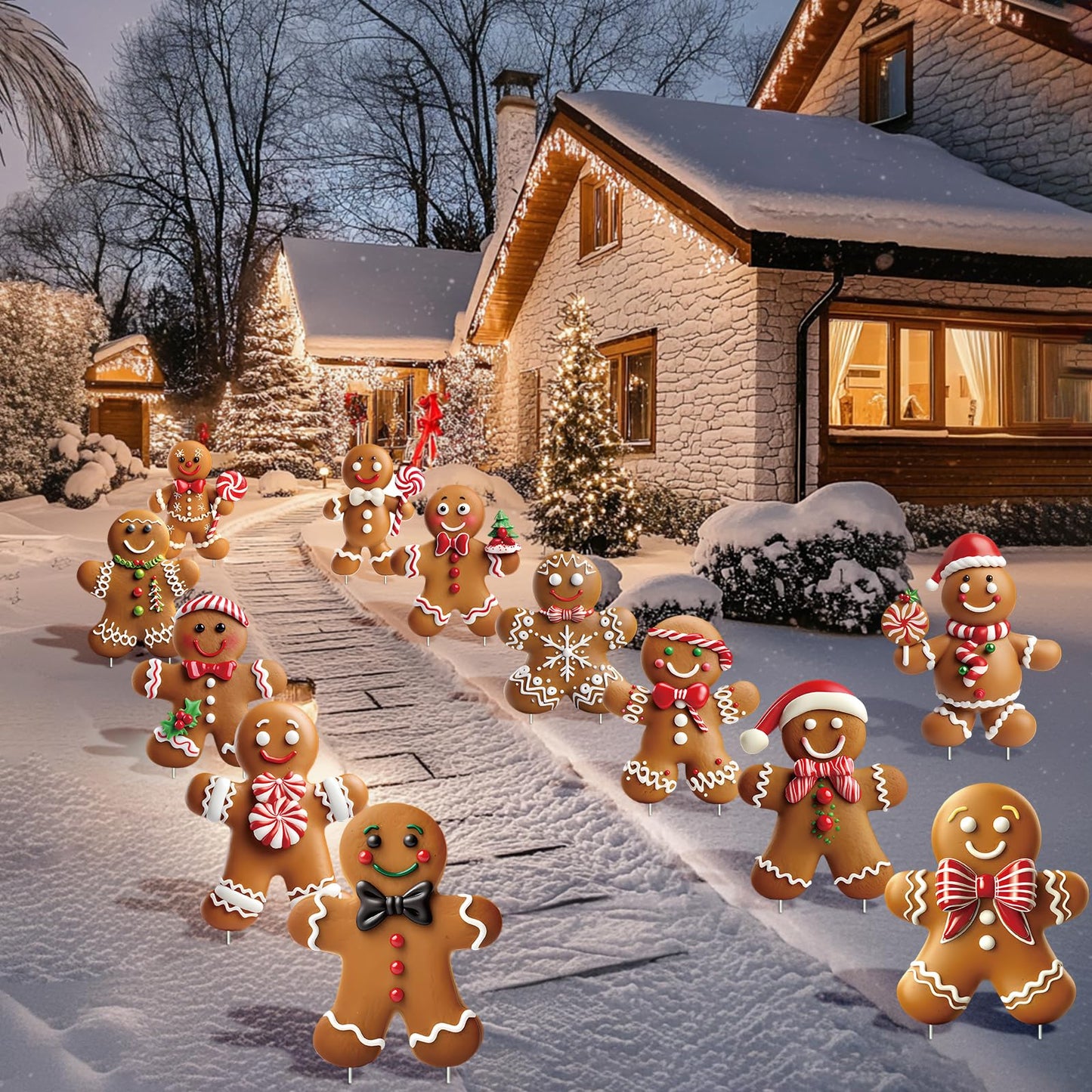 12 Pcs Christmas Gingerbread Man Yard Signs with Stakes - Xmas Gingerbread Yard Stakes Lawn Signs for Christmas Holiday Pathway Garden Patio Party Favors