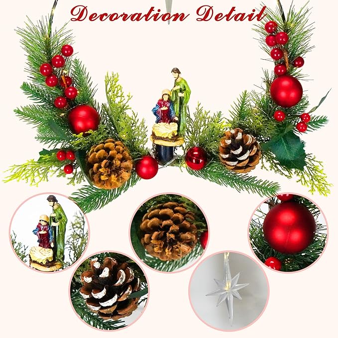 2Pack Nativity Wreaths for Front Door with Lights & Remote, Holy Family Nativity Statue & Star of Bethlehem Christmas Decor, 16'' Windows Wreaths, Fireplace Decorations