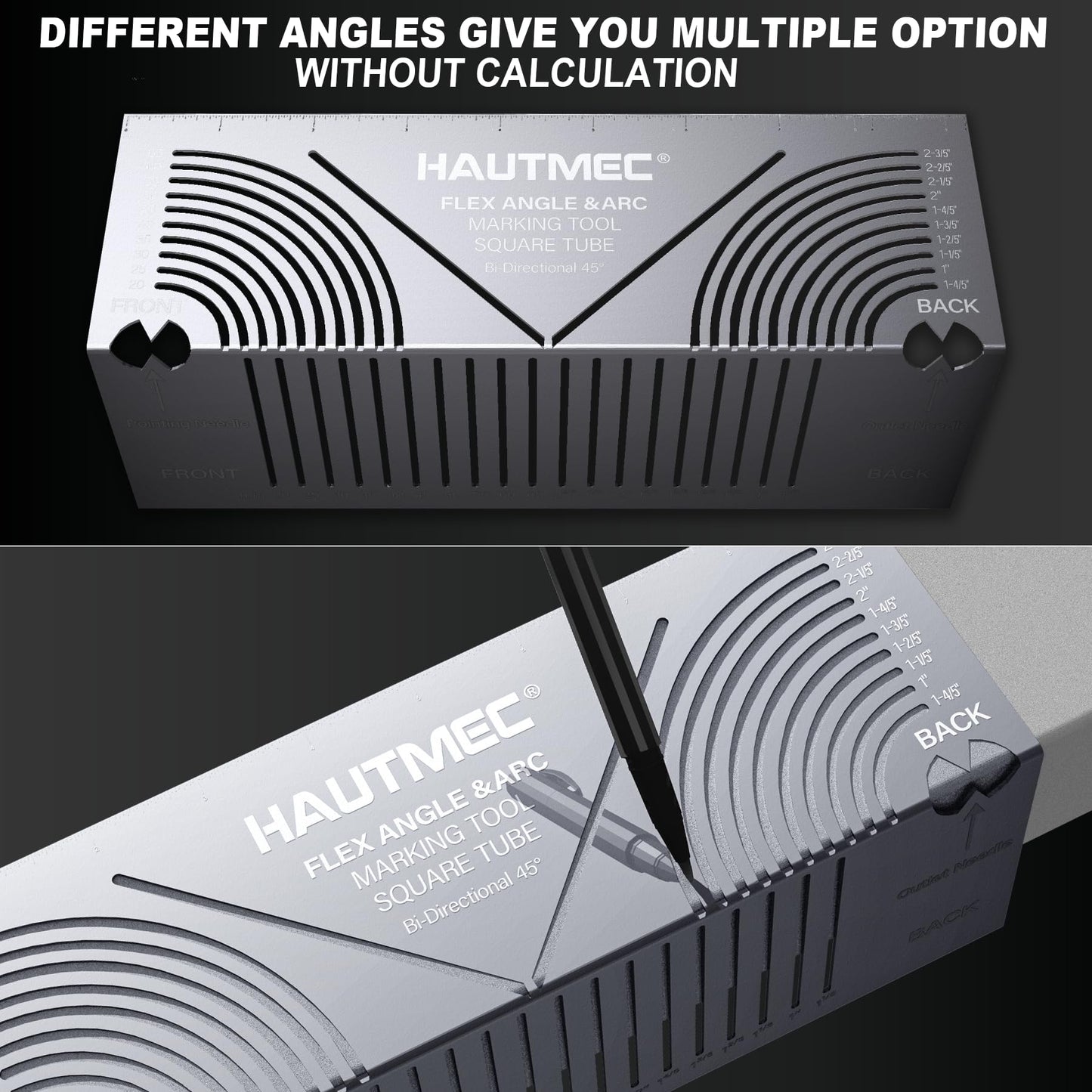 HAUTMEC Flex Angle & Arc Marking Tool, Multi-functional Square Tube Scriber for Square Tube, Right Angle Ruler with 5 PCS Marking Pen (Small Size 20-65) - HT0457