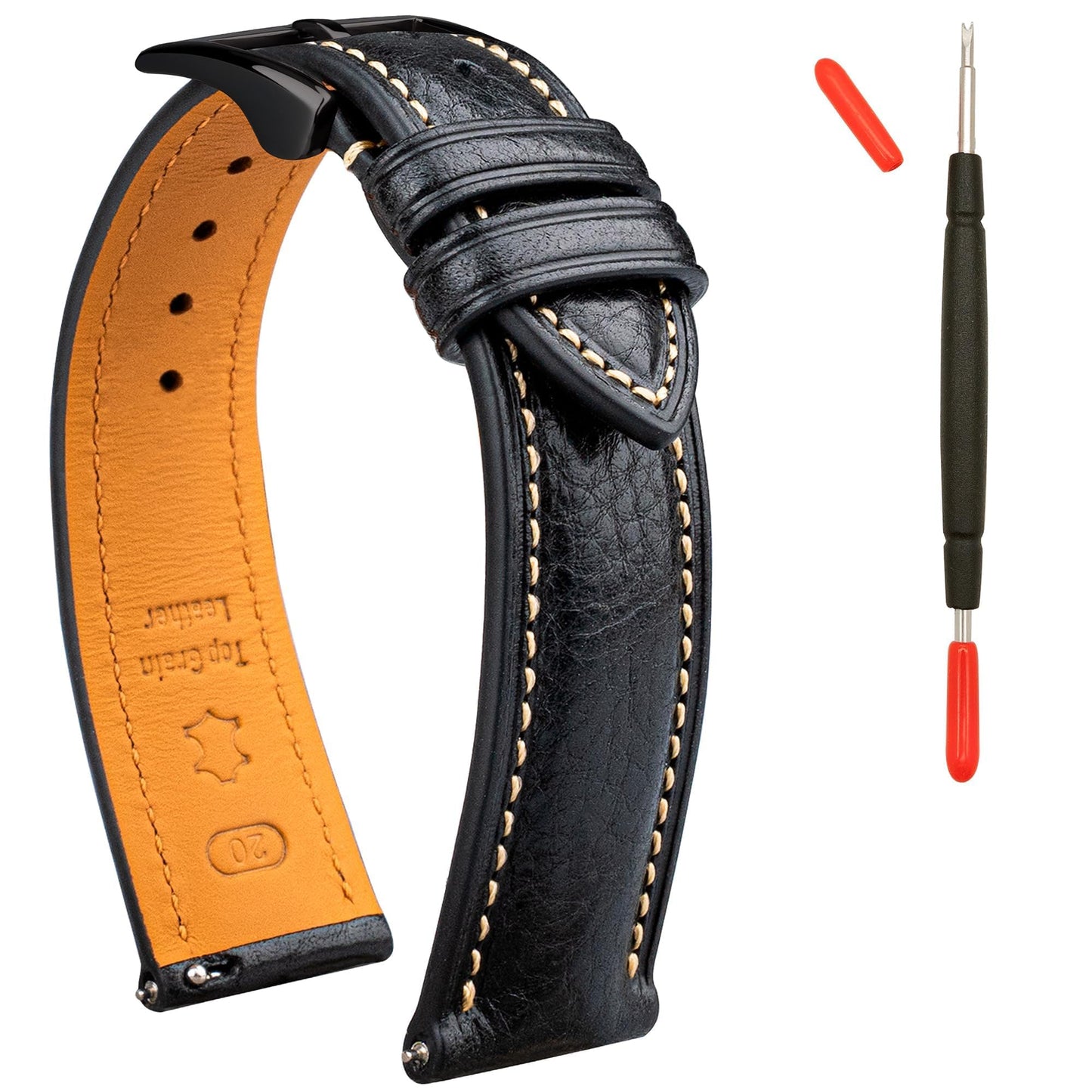 Gomvadr Italian Leather Watch Band Tuscany Natural Vegetable-Tanned Leather Strap,18mm 19mm 20mm 21mm 22mm XL XXL Quick Release Replacement Watch Straps for Men and Women, Thick and Soft(Black / Black Buckle, 18mm-Standard)