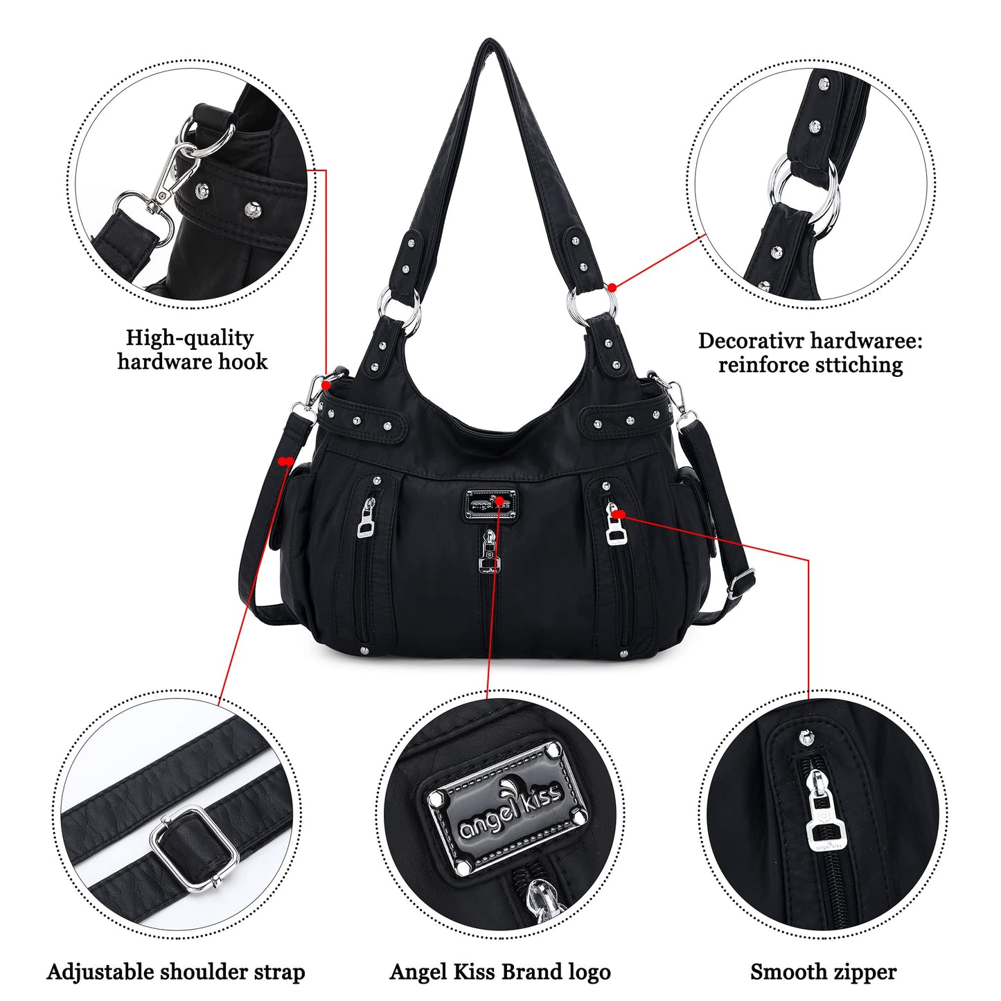 Angel Kiss Large Purses and Handbags for Women Washed Faux Leather Crossbody Hobo Satchel Shoulder Handbag Tote Purse