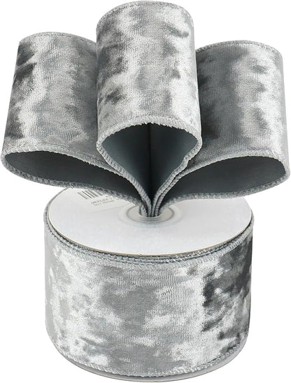 MEEDEE Silver Velvet Ribbon - 2.5 Inch Wired Velvet Crushed Silver Christmas Ribbon, 10 Yards for Tree Decoration, Wreath Supplies, Crafts Bow Making