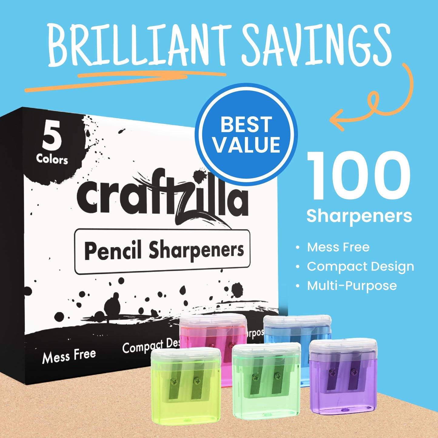 Craftzilla Pencil Sharpener 100 Pack, Manual Pencil Sharpeners Bulk for Kids with Lid, Perfect for School, Office, and Home