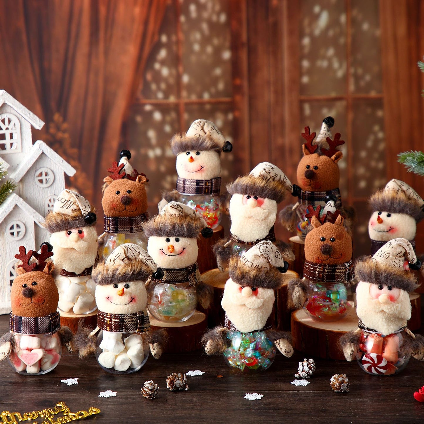 12 Pcs Christmas Candy Jars with Snowman Santa Elk Doll Lid 5.91 x 3.15 Inch Plastic Clear Christmas Cookie Jar Snack Food Storage Container for Home Decoration Xmas Gifts Holiday Party Favors