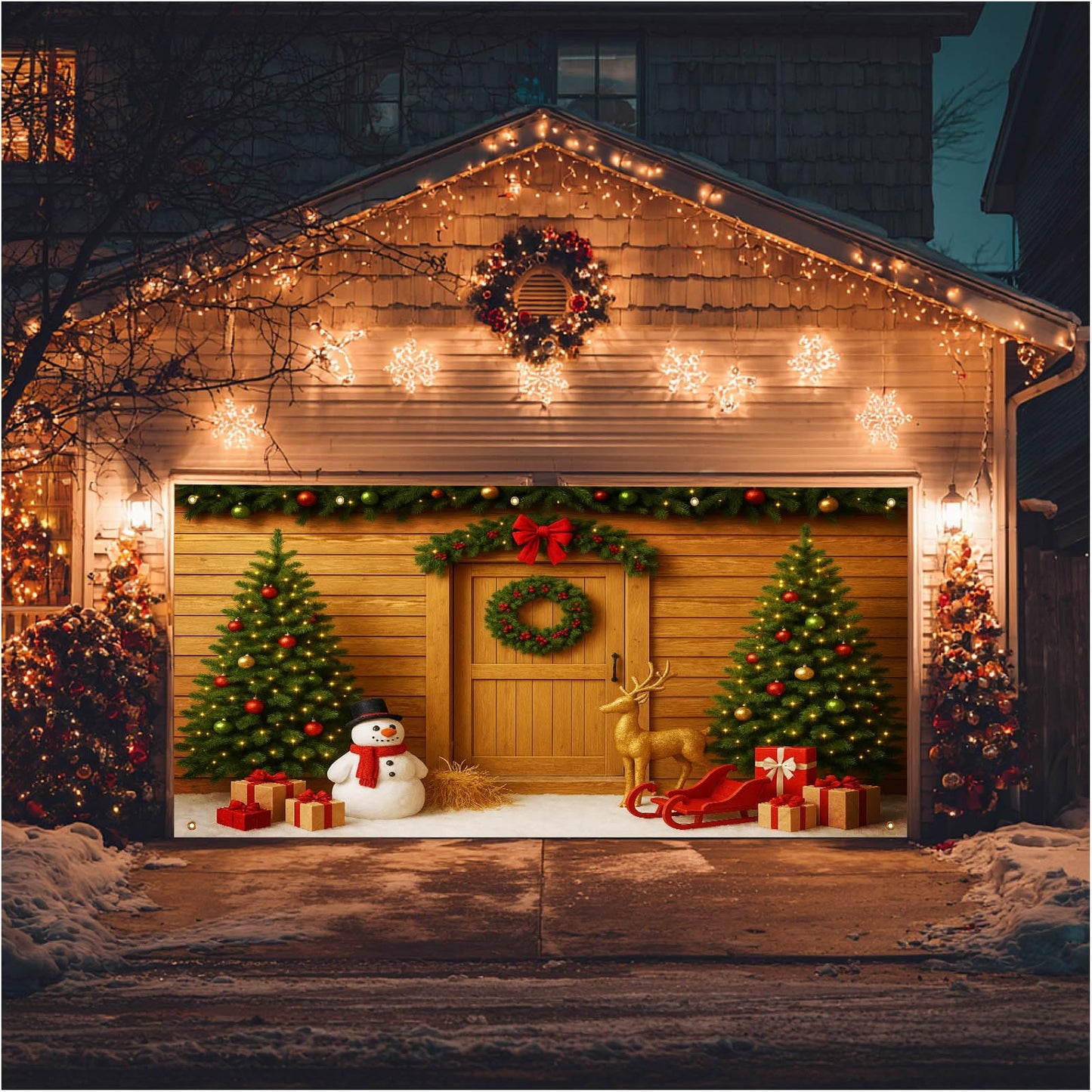 HOMETITUTE Christmas Garage Door Banner 13x6ft Christmas Trees Snowman Theme Backdrop Seasonal Christmas Decor Winter Door Cover Banners for Outside Garage Wall Covering for Party Garage