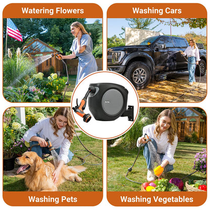 Ruvup Retractable Garden Hose Reel, 1/2in x 50ft Water Hose Reel with 10 Style Nozzle, UV Resistant Automatic Gardening Hose Reel Wall Mount for Outside, Slow Retraction Any Length Lock 180° Swivel