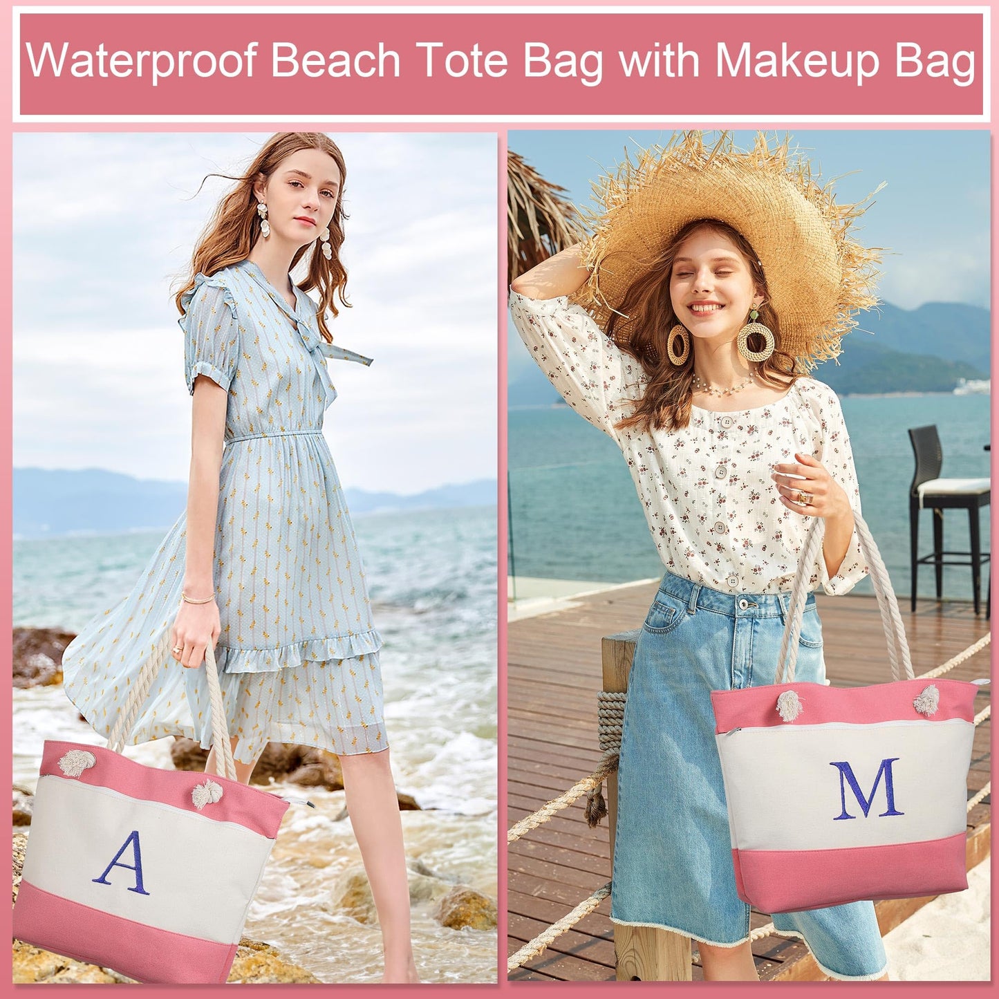 YOOLIFE Personalized Beach Bag - Monogram Beach Tote Swim Pool Bag for Travel Essentials, Personalized Birthday Gifts for Women Her Best Friend Female Gift Idea Girlfriend Birthday Gifts J