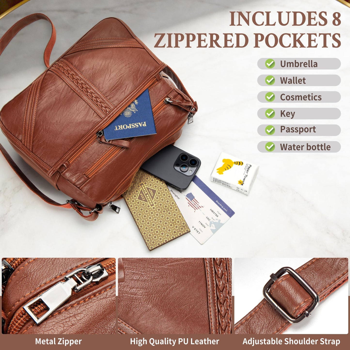 ELDA Crossbody Bags For Women Pocketbooks Soft PU Leather Purses and Handbags Multi Pocket Shoulder Bag (Amber Brown)