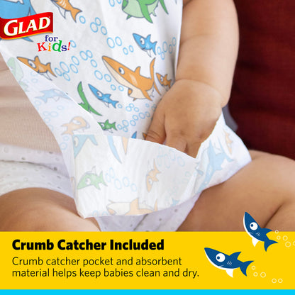 Glad for Kids Shark Paper Disposable Bibs with Crumb Catcher for Feeding - Absorbent and Leakproof Eating and Travel Must Haves for Mess-Free Meals, 30 Count