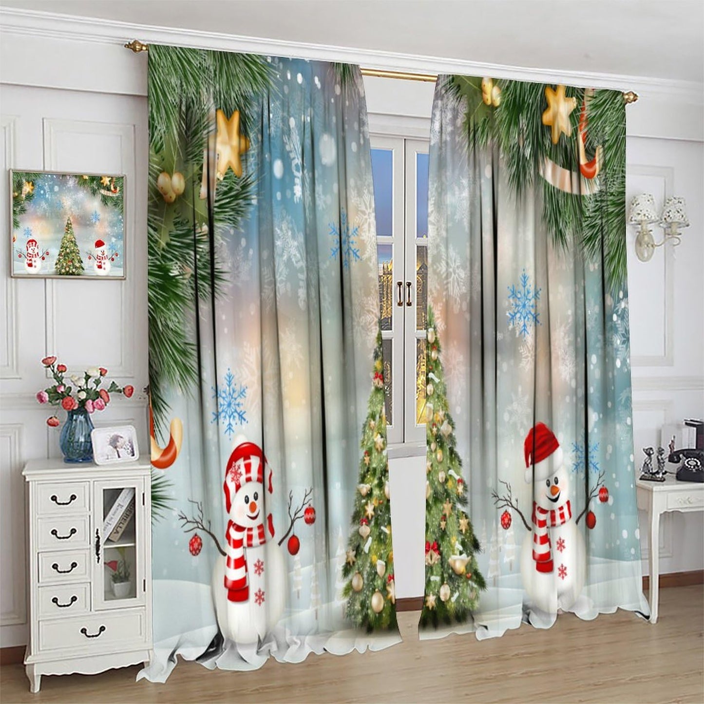 FengMingRui Christmas Curtain Christmas Happy Holidays Winter Snowflake Holiday Christmas Snowman Decor Window Treatment Bedroom Living Room Decor Window Drapes 42" W X 45" L