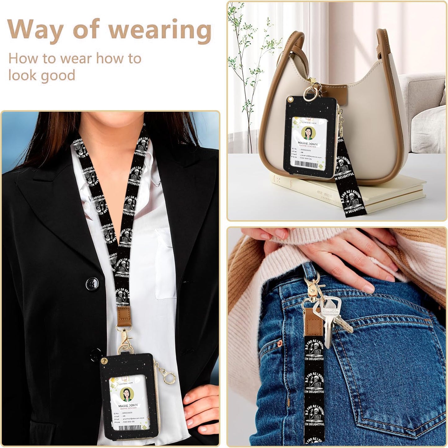 bolimoss Skeleton Lanyard Wallet with Id Badge Holder, RFID Leather Small Credit Card Holder with Keyring,Small Keychain Wallet with Breakaway Wrist Neck Strap