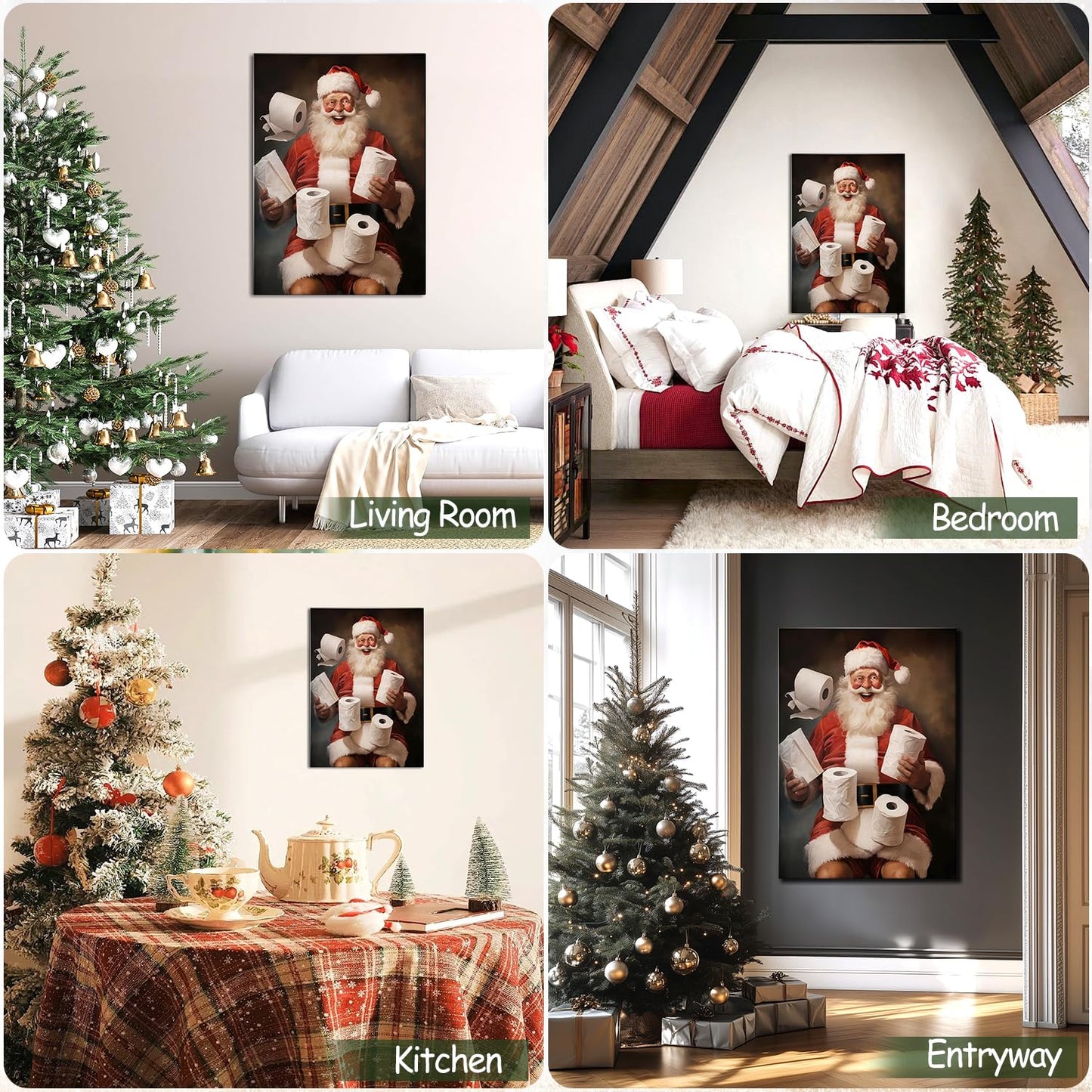 Funny Santa Christmas Canvas Wall Art for Bathroom, Humorous Framed Canvas Prints Ready to Hang, Unique Christmas Gifts for Home & Office Christmas Decorations