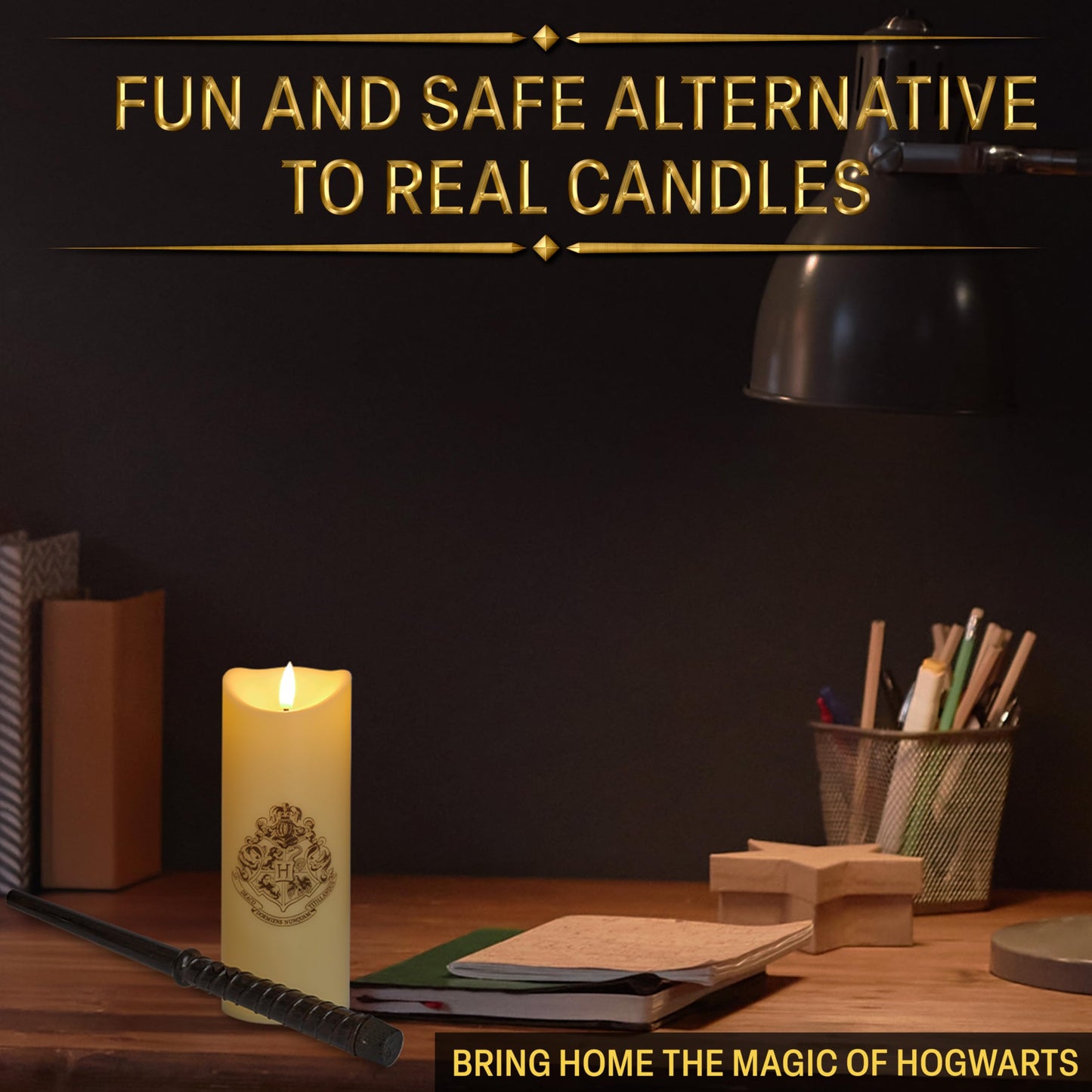 Harry Potter LED Candle with Wand Remote Control Hogwarts Crest Flameless Light for Kids 16ft Spell-Cast Range Room Decor Display Nightlight Gifts