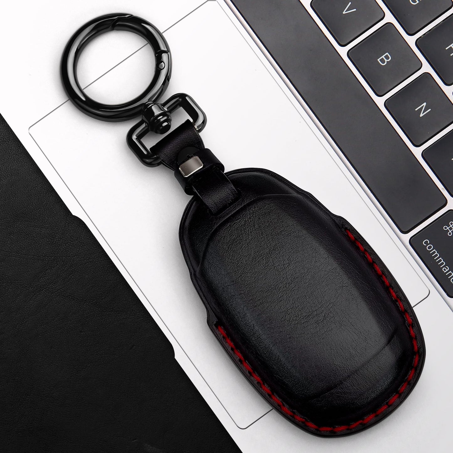Tukellen Genuine Leather Key Fob Cover Smart Key Holder Sleeve Fit for 2020-2022 Hyundai Palisade Elantra GT Accent Kona Santa Fe Veloster (Black(Red line), 4 Button)