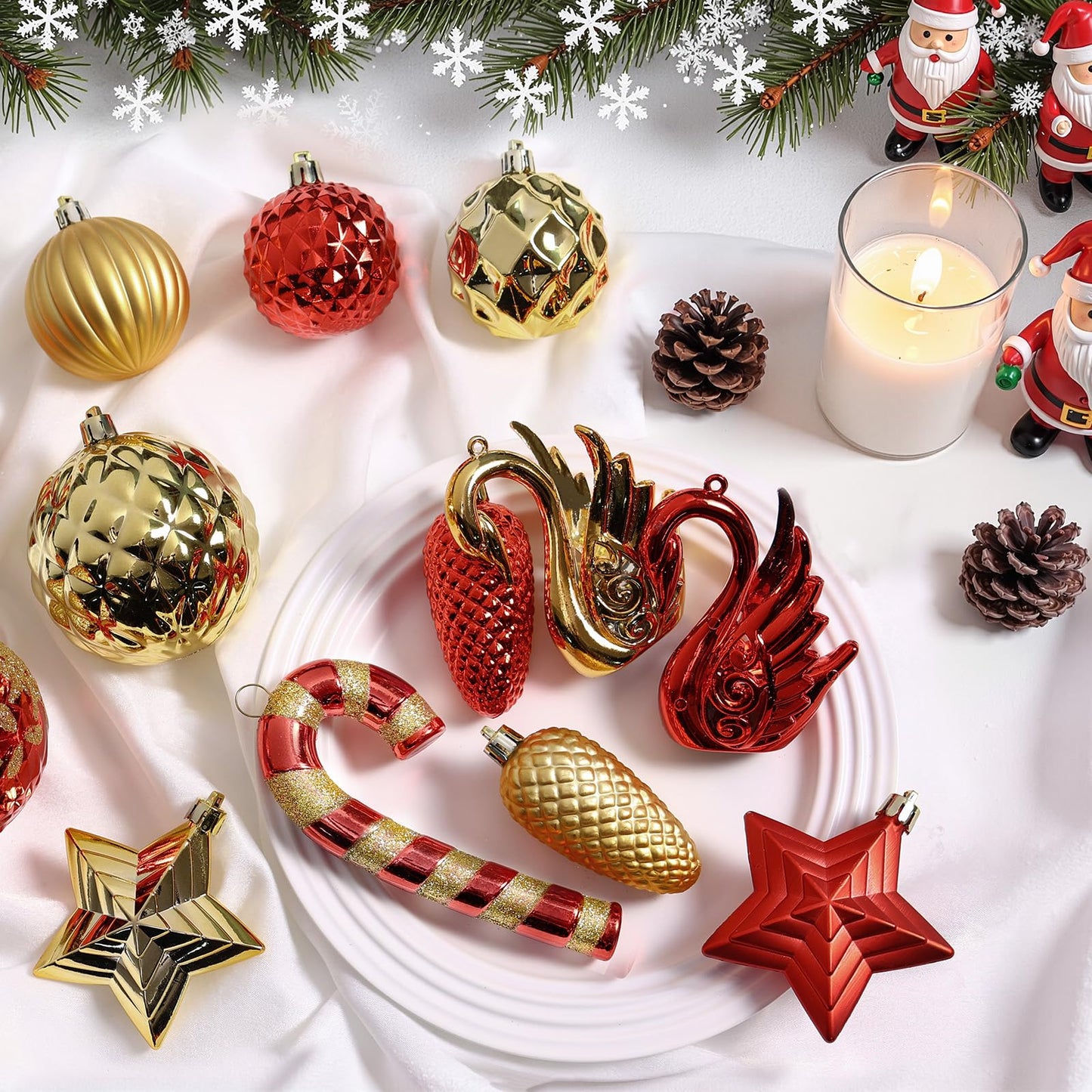 Alupssuc 128pcs Christmas Balls Ornaments Set, Shatterproof Plastic Baubles Christmas Flowers and Tree Topper for Xmas Tree Holiday Wedding Party Decorations with Hanging Strings, Red and Gold