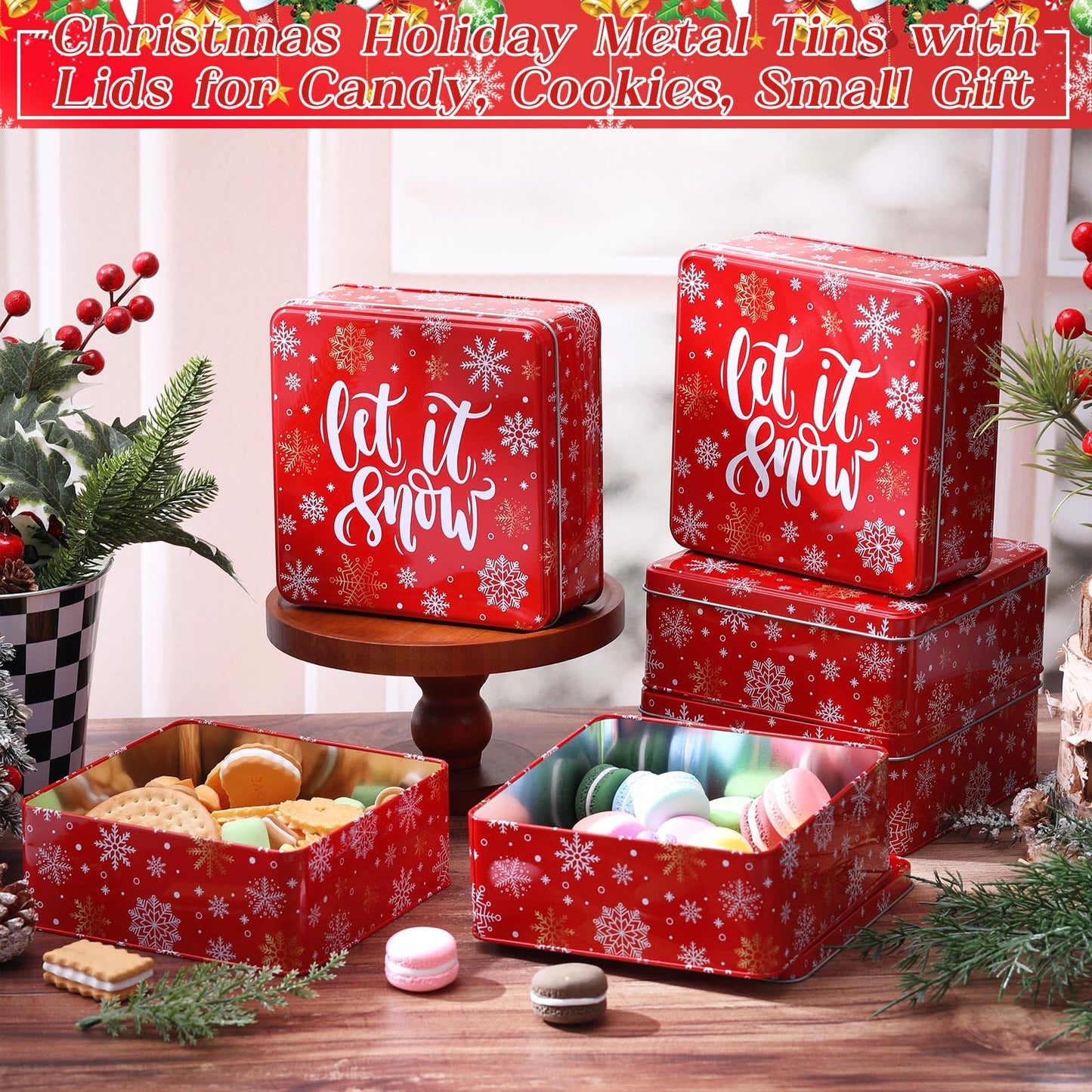 Tandefio 6 Pcs Christmas Cookie Tins with Lids for Gift Giving, 6.3 x 6.3 In Square Metal Holiday Empty Boxes Xmas Storage Containers for Storing Candy Cookie Biscuits Goody Treat Gifts (Red)