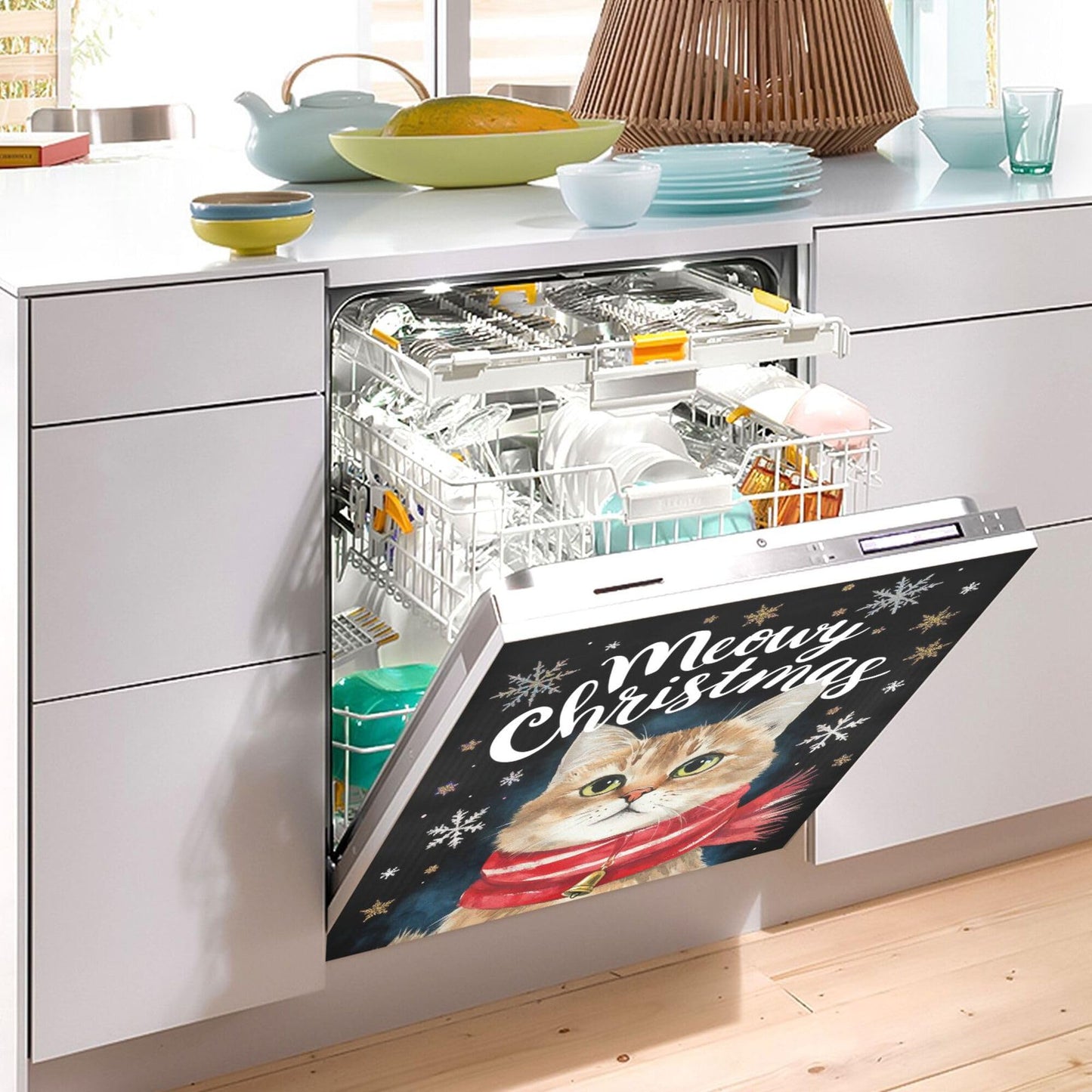 Christmas Cat Dishwasher Stickers Magnetic Cover Winter Snowflake Black Kitchen Fridge Magnet Covers Decals Home Decorations Vinyl Sticker Reusable 23W x 26H inches