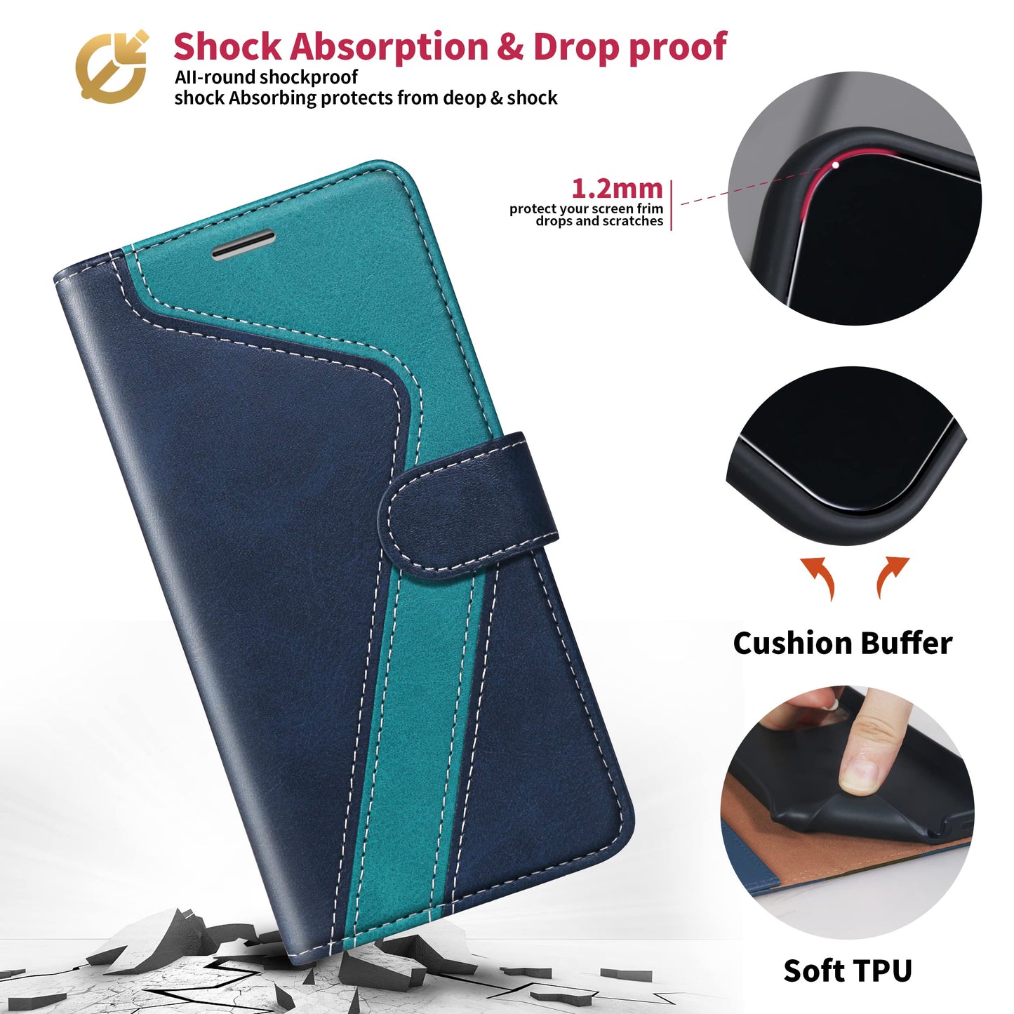 CIVICASE for Samsung Galaxy A42 Wallet Case,Premium Leather Flip Case [RFID Blocking] Credit Card Holder Folio Magnetic Stand TPU Shockproof Cover Color Matching for Samsung A42 (6.6") Blue Green