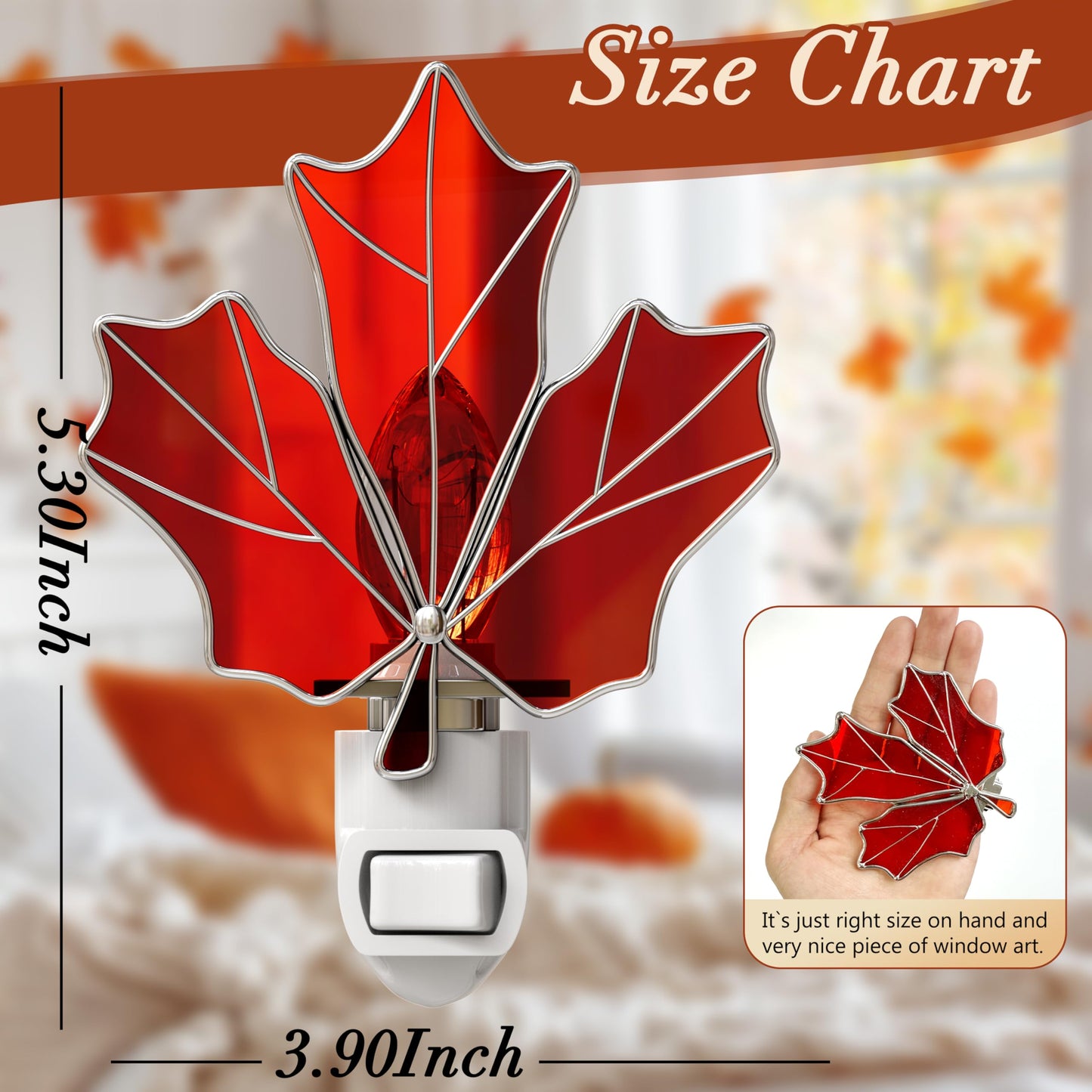 KUNDGLA Stained Glass Night Lights Plug into Wall Brown Maple Leaf Plug in Night Light 7W Warm White Lamp Decorative Accent Nightlight with On Off Switch for Adult Kids Room Home Gifts for Grandkids