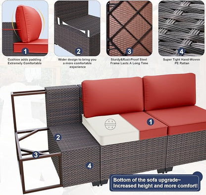 Kurapika 11 Pieces Patio Furniture Set, Rattan Wicker Outdoor Conversation Sets w/43in Propane Fire Pit Table, Swivel Rocking Chairs Patio Sectional Sofa w/4 Inch Cushion, Red