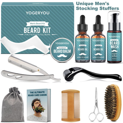 YogerYou Beard Kit,Beard Grooming Kit W/Straight Razor,2 PACK Beard Oil,Beard Wash,Balm,Brush,Comb,Scissors Mens Birthday Christmas Gifts for Men Boyfriend Husband Beard Shaping Shaving Kit