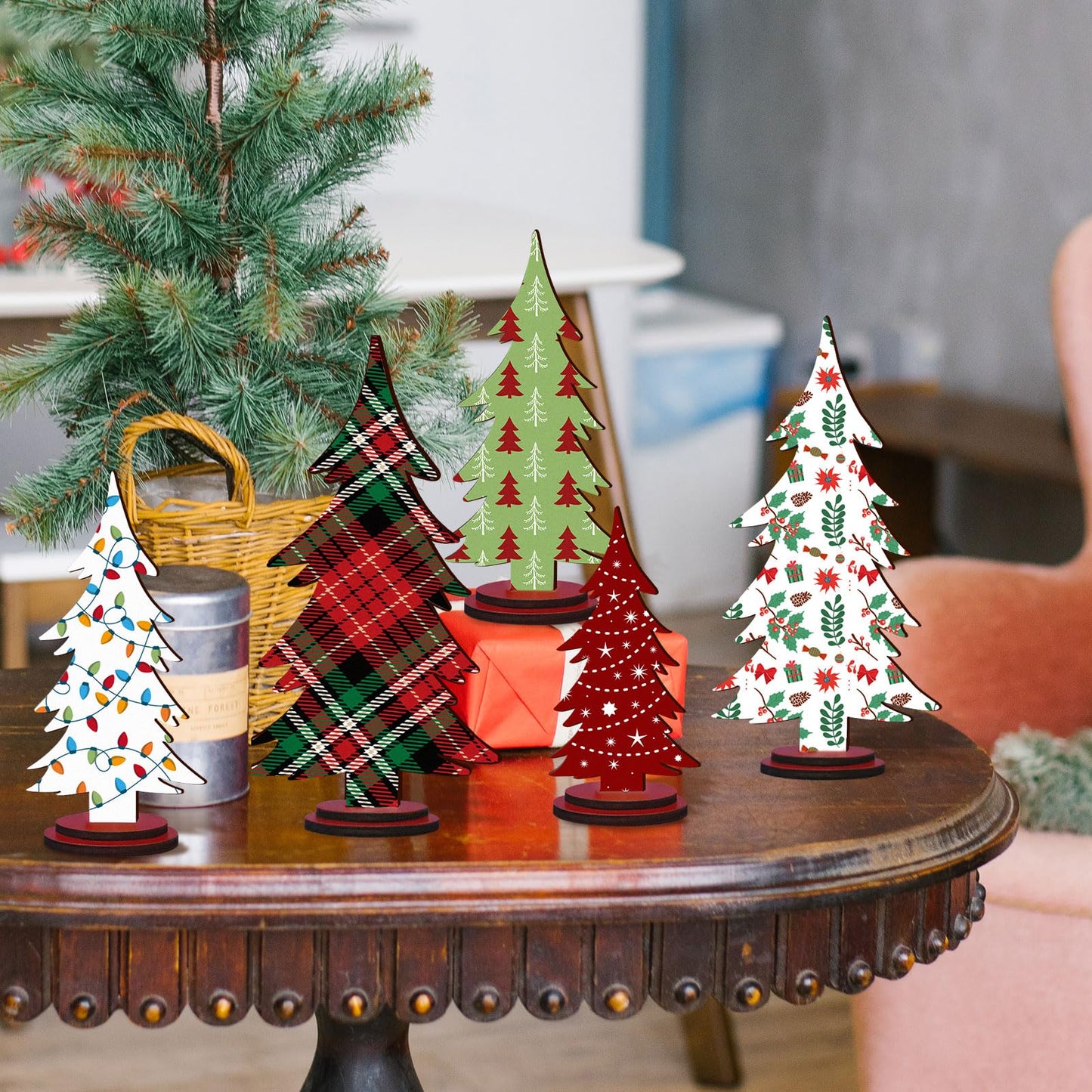 Pigort Christmas Decorations – Rustic Wooden Christmas Tree Table Decor, Freestanding Xmas Centerpiece for Home & Shelf, Winter Tiered Tray Decorative (5)