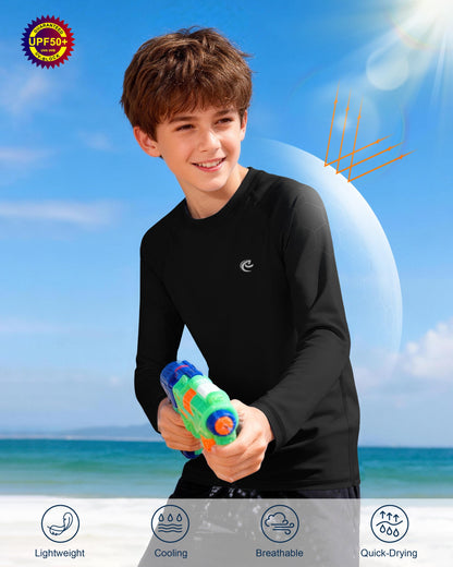 Boys UPF 50+ Swim Shirt Long Sleeve, 1 or 2 Pack UV Sun Protection Rash Guard, Youth Kids SPF Water Shirts for Beach Surf