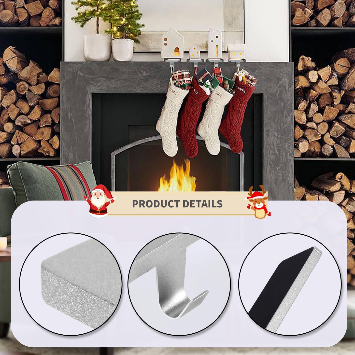 Anrgterg 4 Pcs Christmas Stocking Holders, Mantel Stocking Hangers Metal Hanging Hooks with Protective Pads for Xmas Holiday Counter Window Home Table Silver