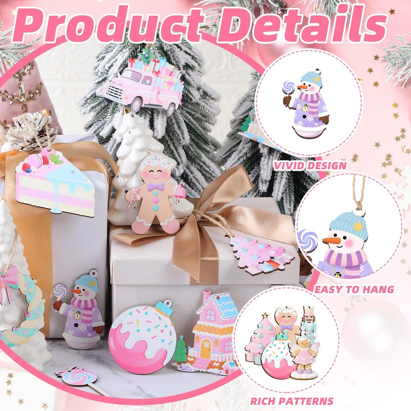 Kathfly 24 Pcs Pastel Christmas Tree Ornaments Candy Christmas Hanging Decor Wooden Gingerbread Man Lollipop Ice Cream Cake Ornament for Xmas Tree Garland Home Holiday Indoor Decor