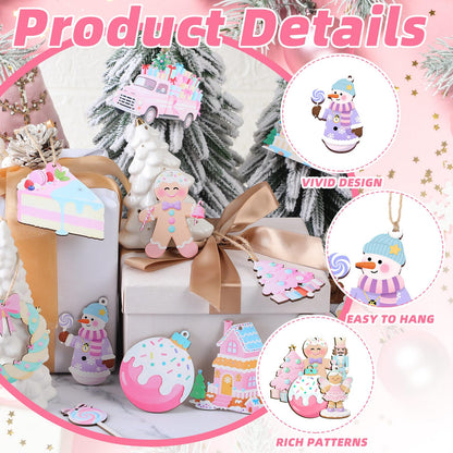 Kathfly 24 Pcs Pastel Christmas Tree Ornaments Candy Christmas Hanging Decor Wooden Gingerbread Man Lollipop Ice Cream Cake Ornament for Xmas Tree Garland Home Holiday Indoor Decor
