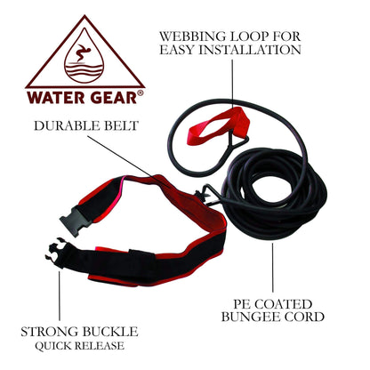 Water Gear Swim Training Leash Belt - Tether Stationary Swimming - Swimming Pool Resistance Exercise Trainer Equipment for Adult and Kids - 20 Meter Rubber Leash - Red Heavy Resist