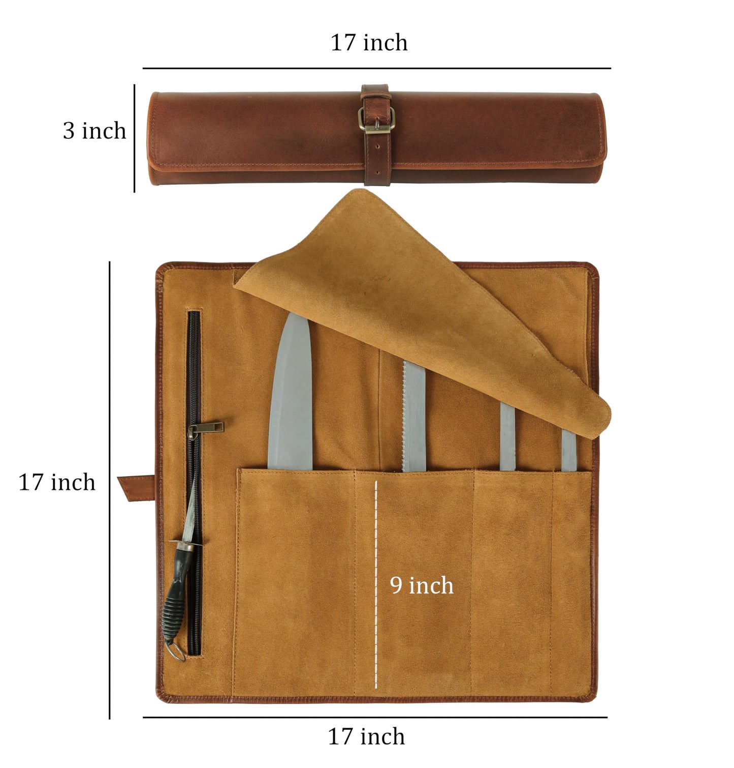 KomalC Premium Buffalo Leather Chef Knife Roll – 17.5″ × 17.5″ Knife Storage Bag with 4 Slots, Suede Lining, Brass Buckle & Zipper Pouch – Portable Travel Case for Chefs & Culinary Students