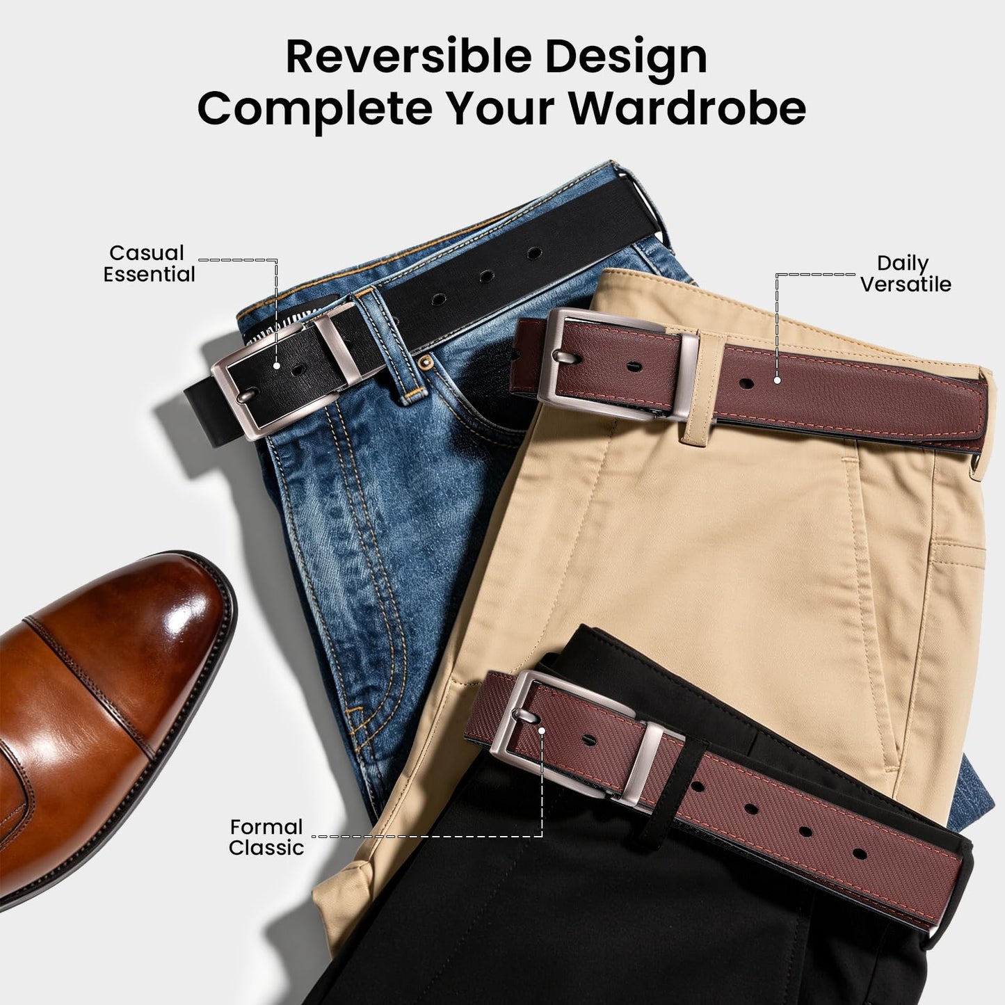 LMUGOOS 3 Pack Mens Belt Reversible Genuine Leather Belts - Adjustable & Cuttable 1.2" for Dress, Business, Casual & Jeans | Ideal Gift for Men, Dad, Husband on Birthday, Anniversary & Father's Day