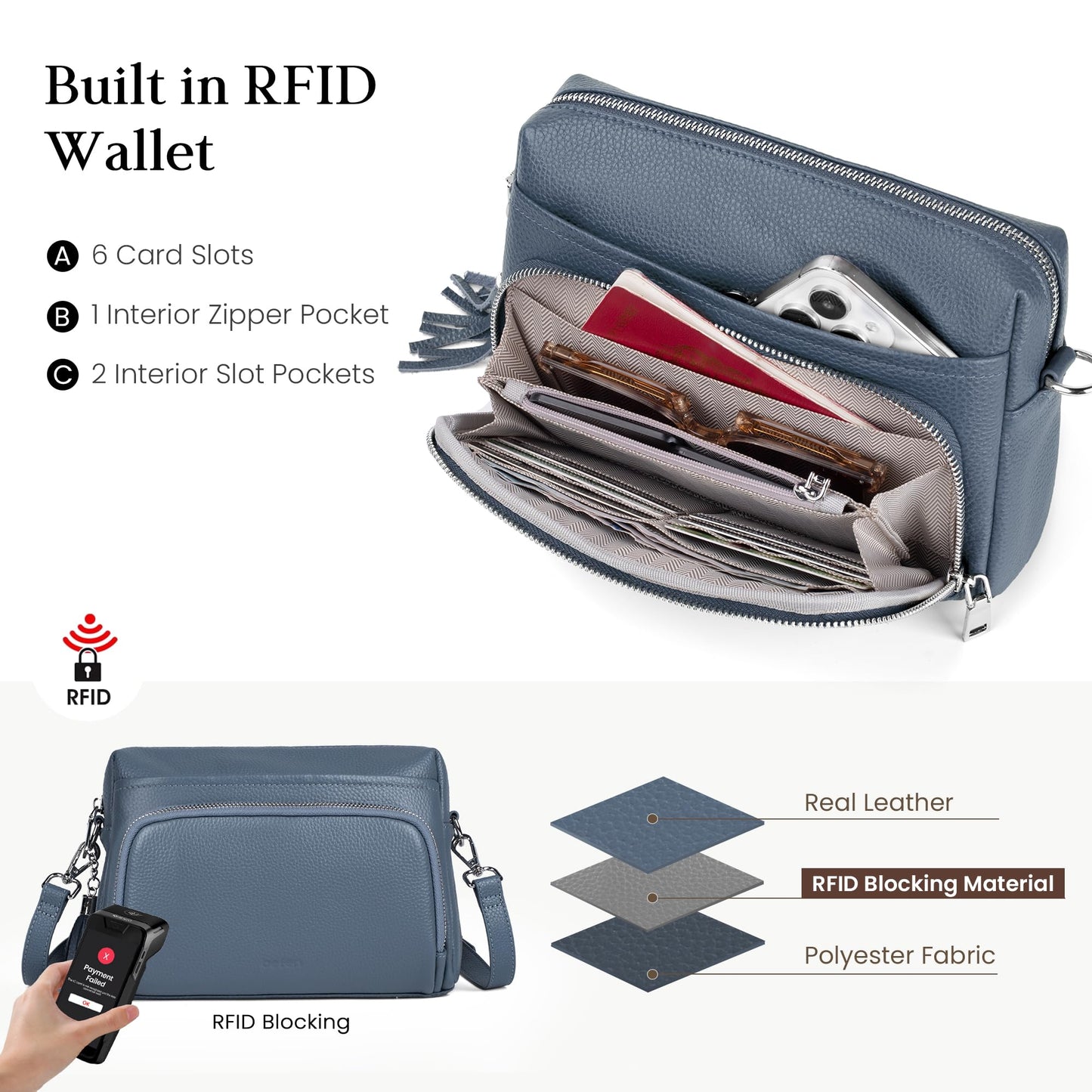 befen Soft Real Leather Small Crossbody Purses for Women, Ladies Anti-Theft Shoulder Bag Handbag Purse with Adjustable Strap & Built in RFID Wallet Light Blue