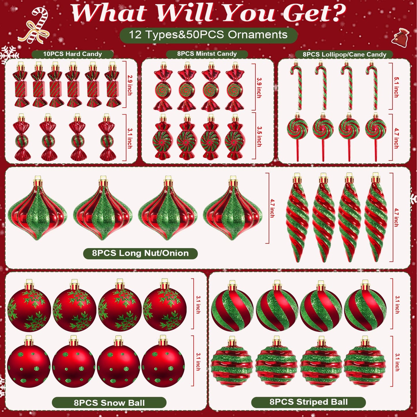 50PCS Christmas Ball Ornaments Candy Lollipop Set, Xmas Decoration Hanging Gloss Candy Canes Ball Pendants - Green Candy