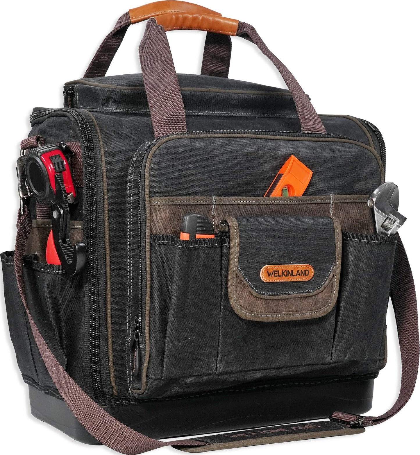 WELKINLAND 54Pockets Electrician Tool Bag, Heavy-Duty Hard Bottom Tool Bag, WaterProof Waxed Canvas Tools Bag, Technician Tool Bags, HVAC Tools Bag For professionals
