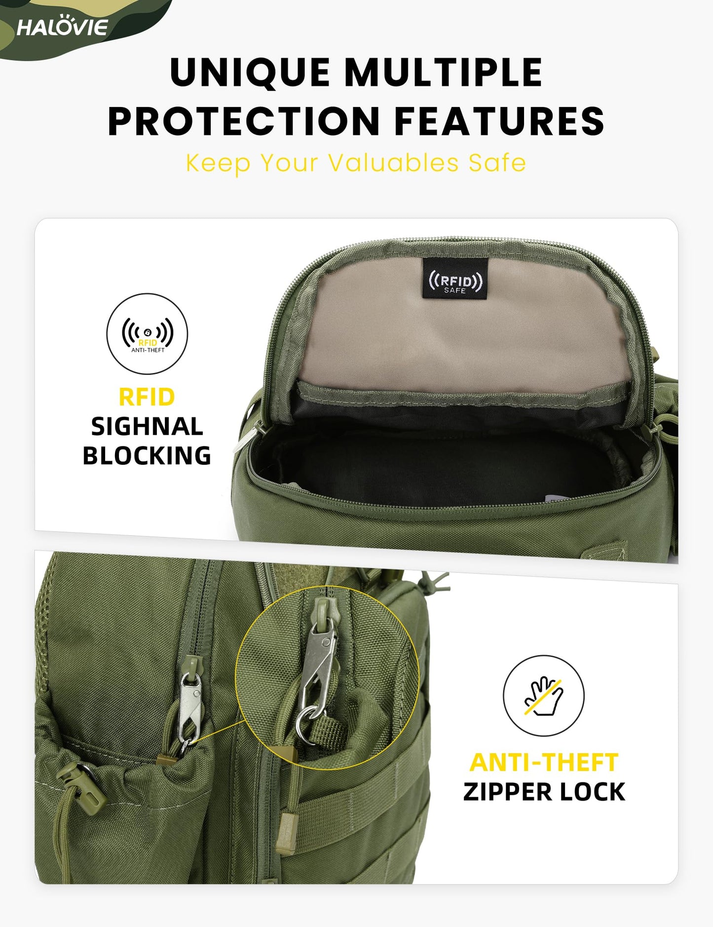 HALOVIE Anti-theft Tactical Sling Bag RFID ArmyGreen Military Shoulder Bag with Phone Pack EDC Molle Crossbody Bag for men