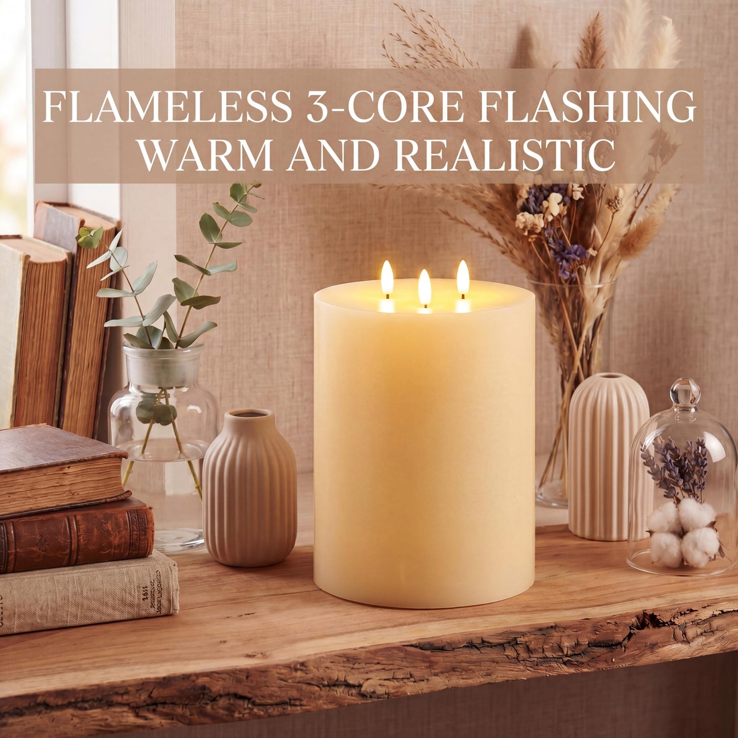 Retisee Extra Large Flameless Candles LED Battery Operated Real Wax 3 Wicks Flickering Pillar Candle with Remote Control Timer for Home Wedding Christmas Party Decoration (Ivory,6'' X 8'')