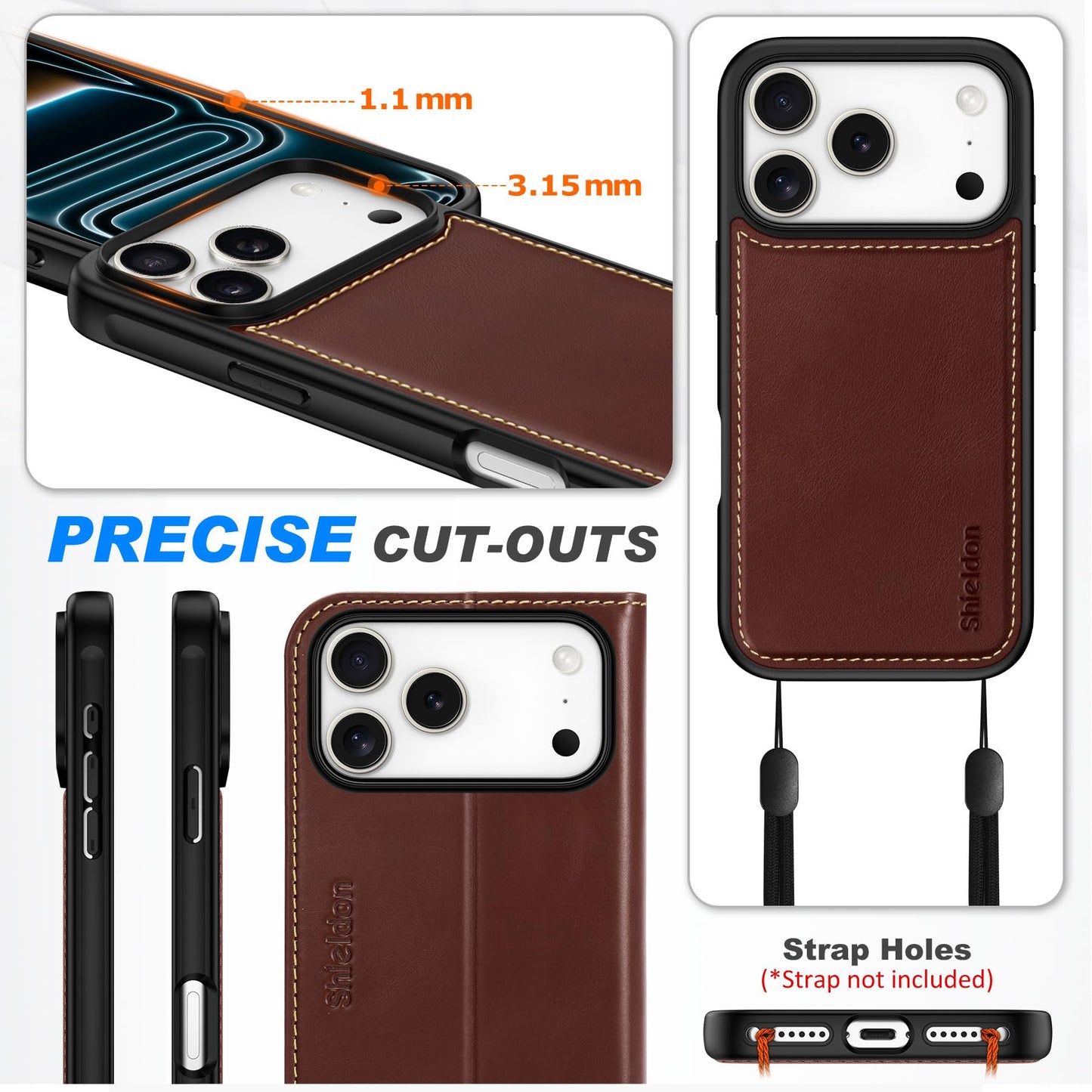 SHIELDON Detachable Leather Wallet Case for iPhone 17 Pro Max 6.9" 2025 | Wireless Charging, Removable Flip Magnetic Cover, RFID Blocking Credit Card Holder, Kickstand, Full Protection - Retro Coffee