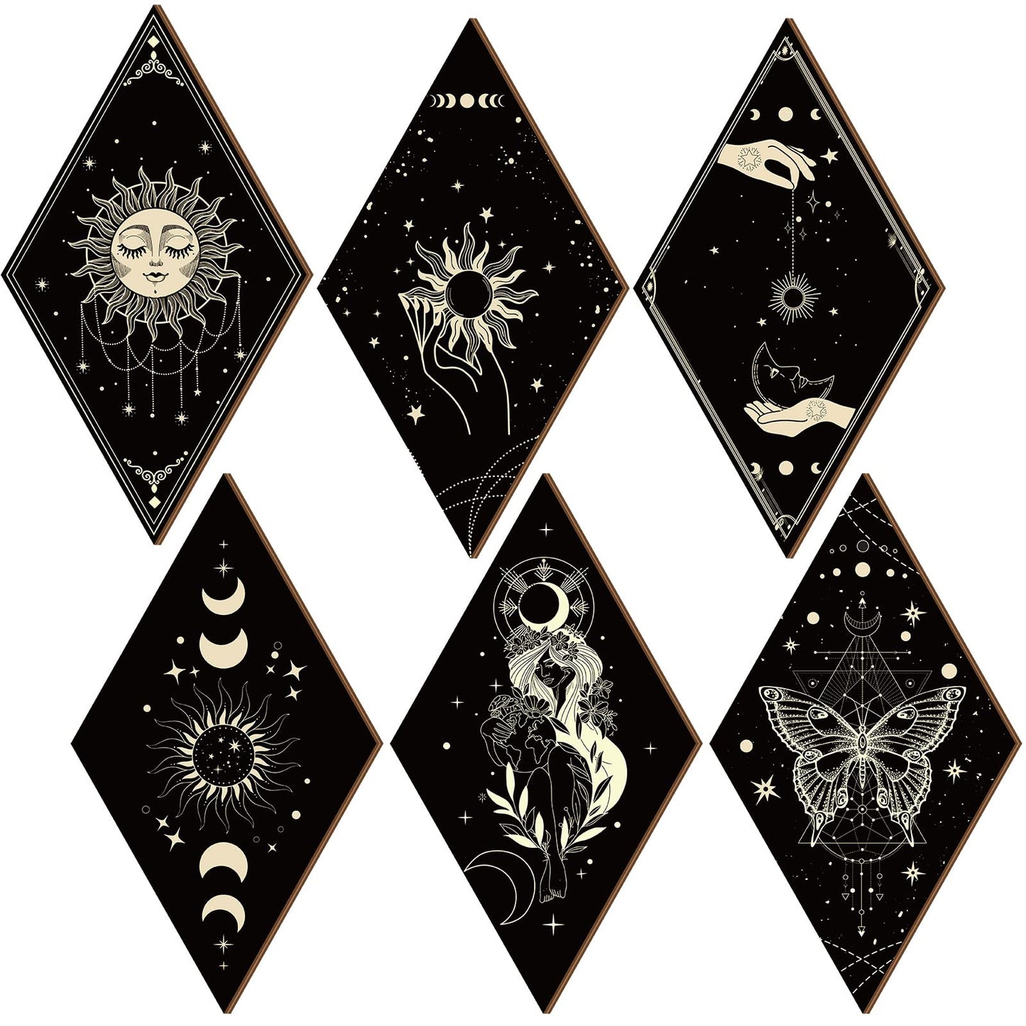 Sintuff 6 Pieces Gothic Wall Decor Boho Sun Moon Phases Wall Art Gothic Minimalist Stars Sun Hanging Wooden Home Decor Farmhouse Pediments for Gallery Living Bedroom Room(Boho)