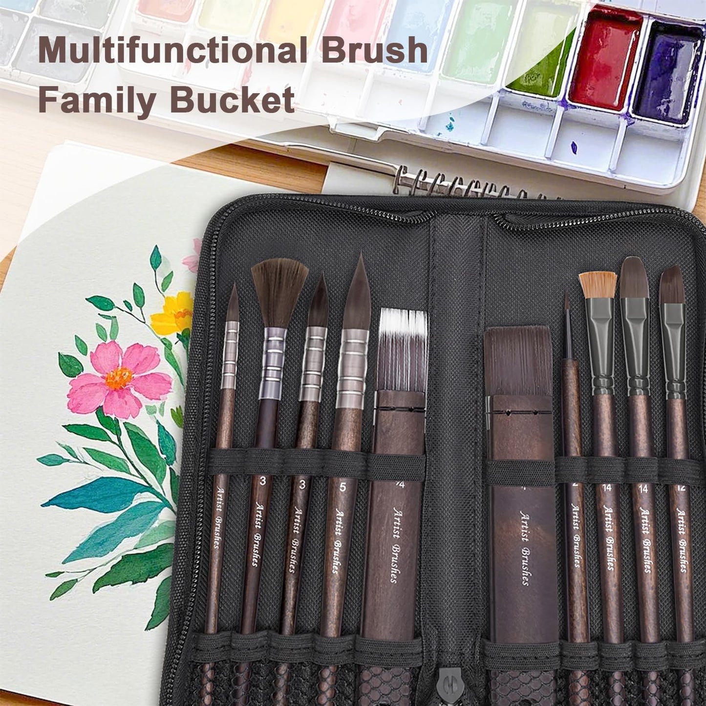 10 Pieces Paint Brush Set, Artist Series, Nylon Bristles with Round, Flat, Fan, Angle, Detail Brush, Suitable for Artists and Beginners for Acrylic Painting, Oil, Watercolor, Gouache(Black)