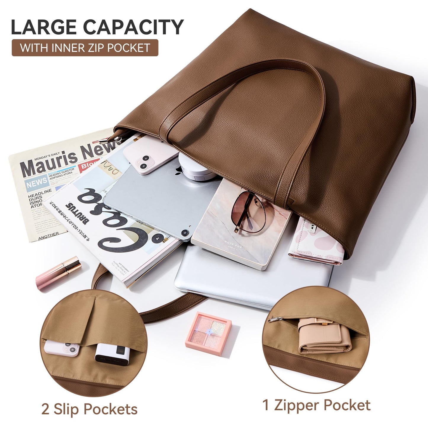 WLLWOO Soft Vegan Leather Tote Bag for Women Large Casual Hobo Handbags Zipper Shoulder Work Daily Weekender Travel Purse, Coffee
