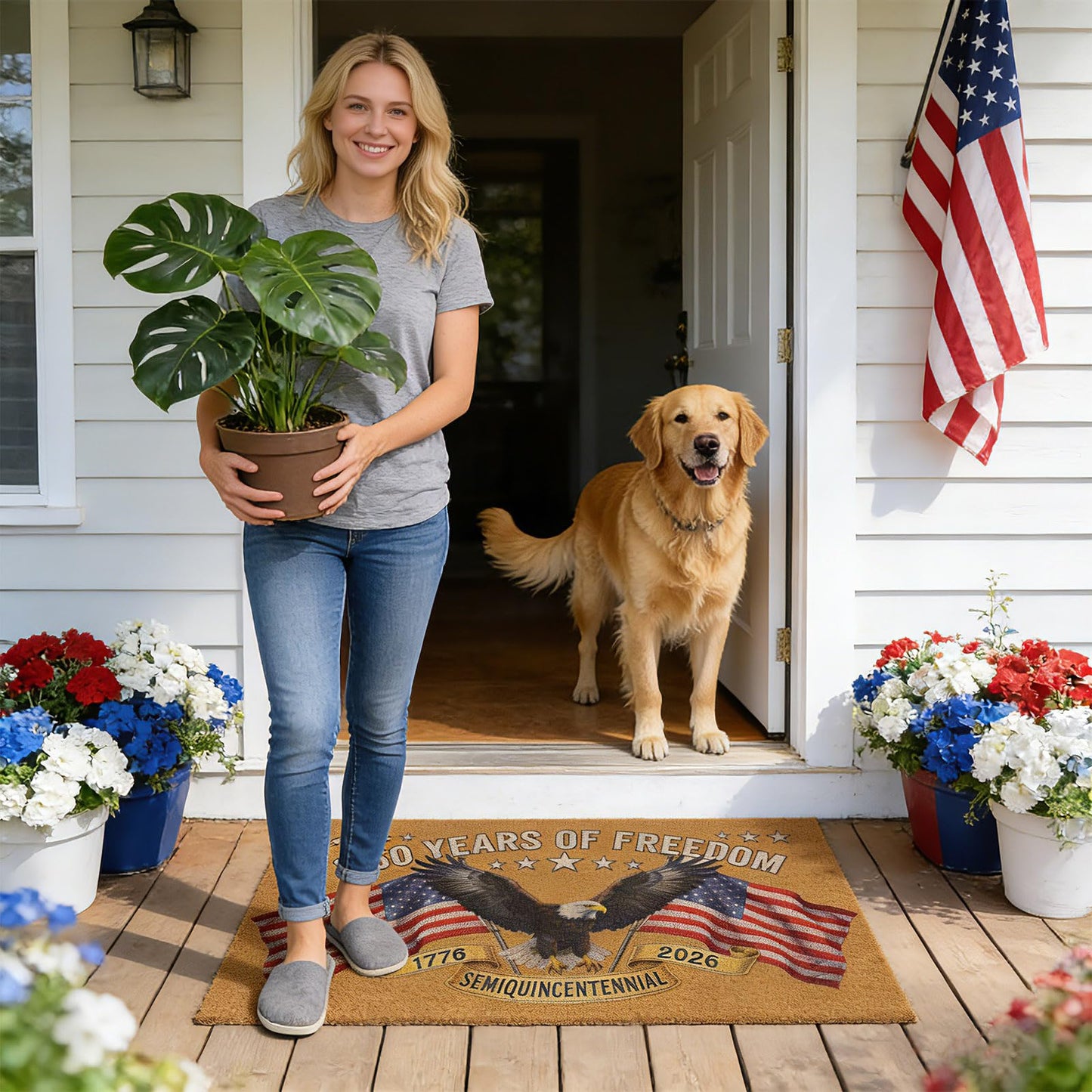 Patriotic Door Mat 250th Anniversary America USA Doormat,4th of July 17"x28" Patriotic Coir Mat with Bald Eagle & Stars Mat,Non-Slip Independence Day Freedom Memorial Day Porch Front Decor