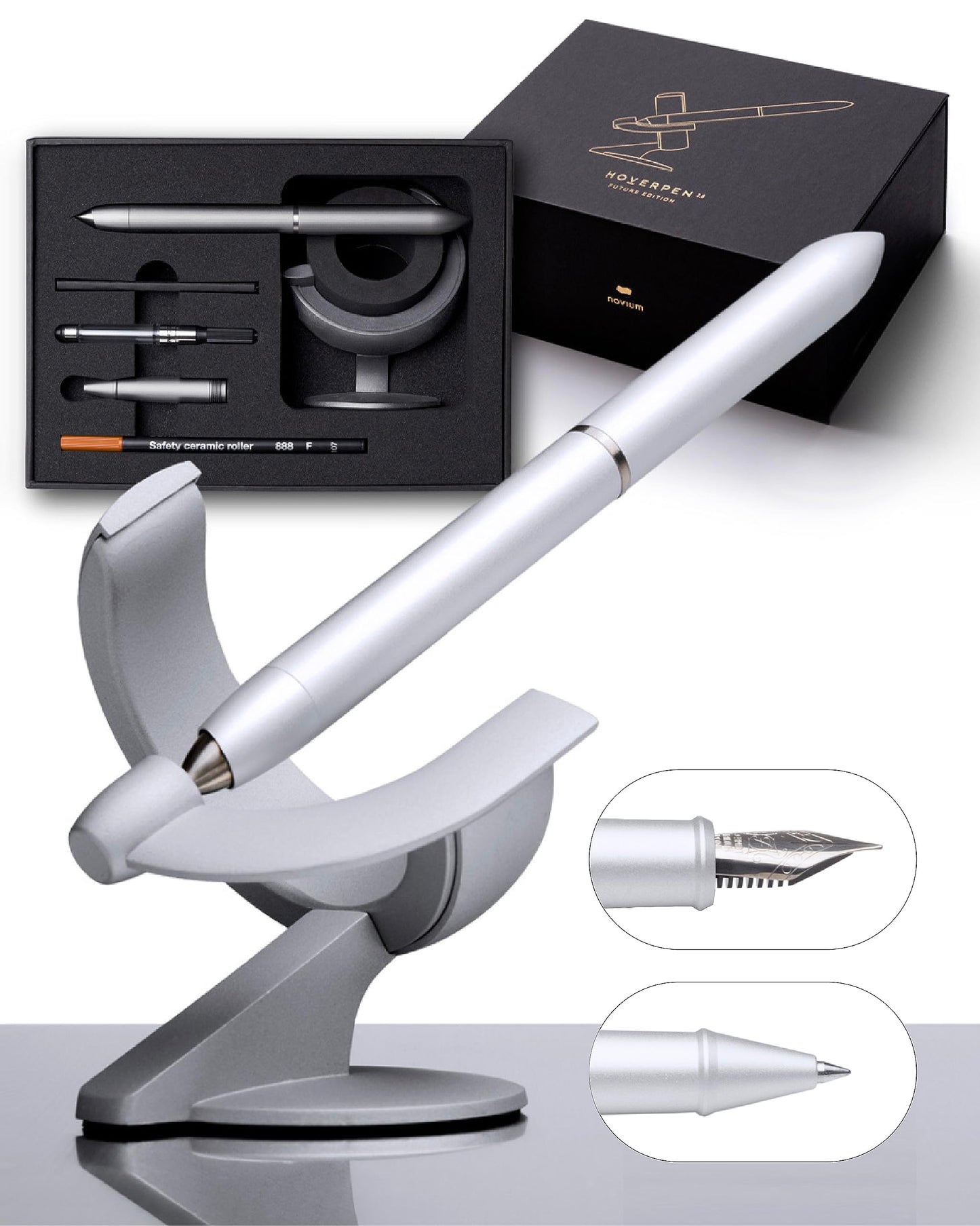novium Hoverpen Future - Luxury Fountain Pen & Rollerball Pen All-In Gift Box, Schmidt Nib (Fine), Converter, Extra Refill, Aerospace Metal, Best Pen Gift Set for Men & Women (Frost Silver)
