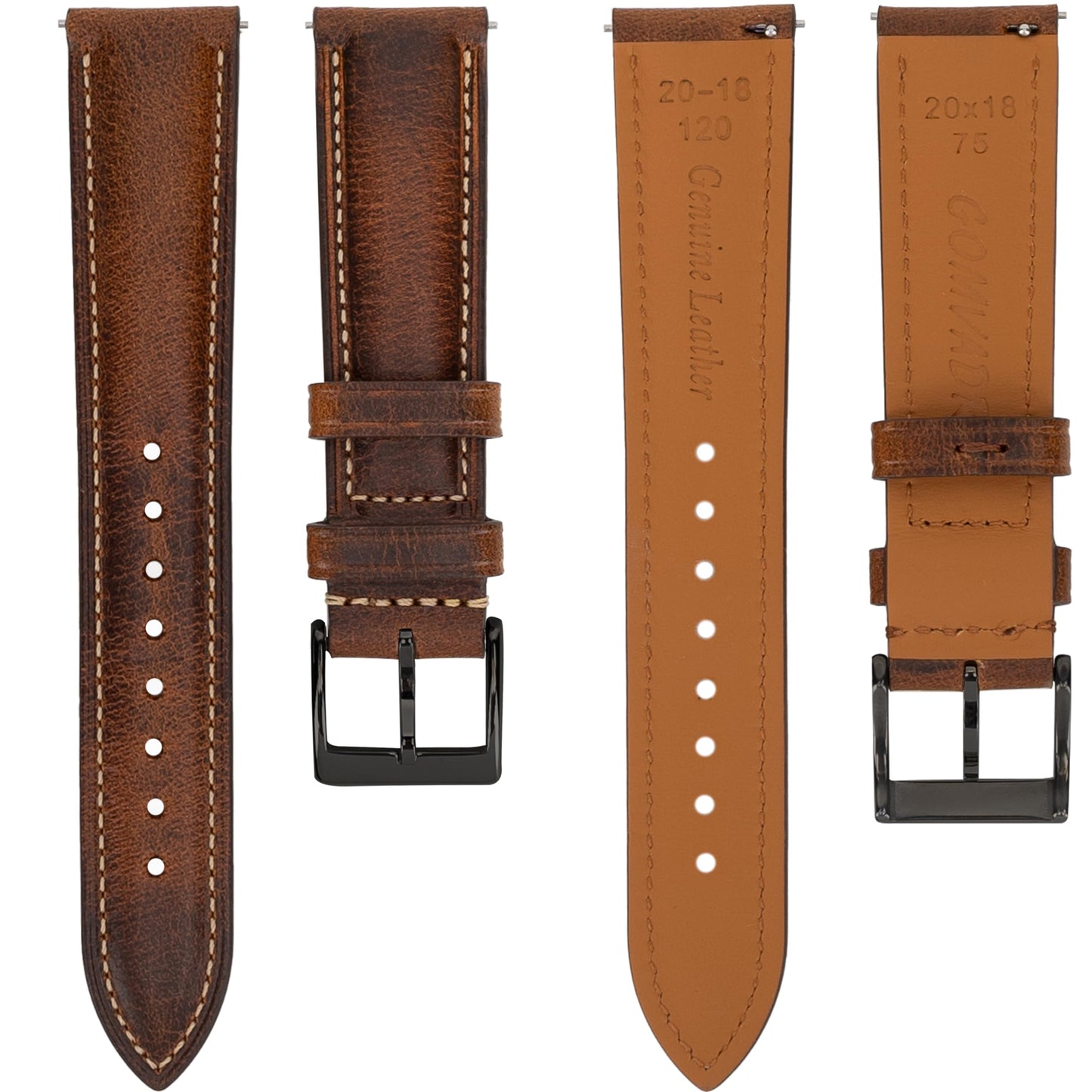 Gomvadr Quick Release Leather Watch Bands 14mm 16mm 18mm 19mm 20mm 21mm 22mm 24mm ,Vintage Oil Wax-Tanned Leather Watch Straps Men's Watch Band Replacement Watch Strap for Men Women,Tan with Contrast Stitch/Blk Buckle, 18mm