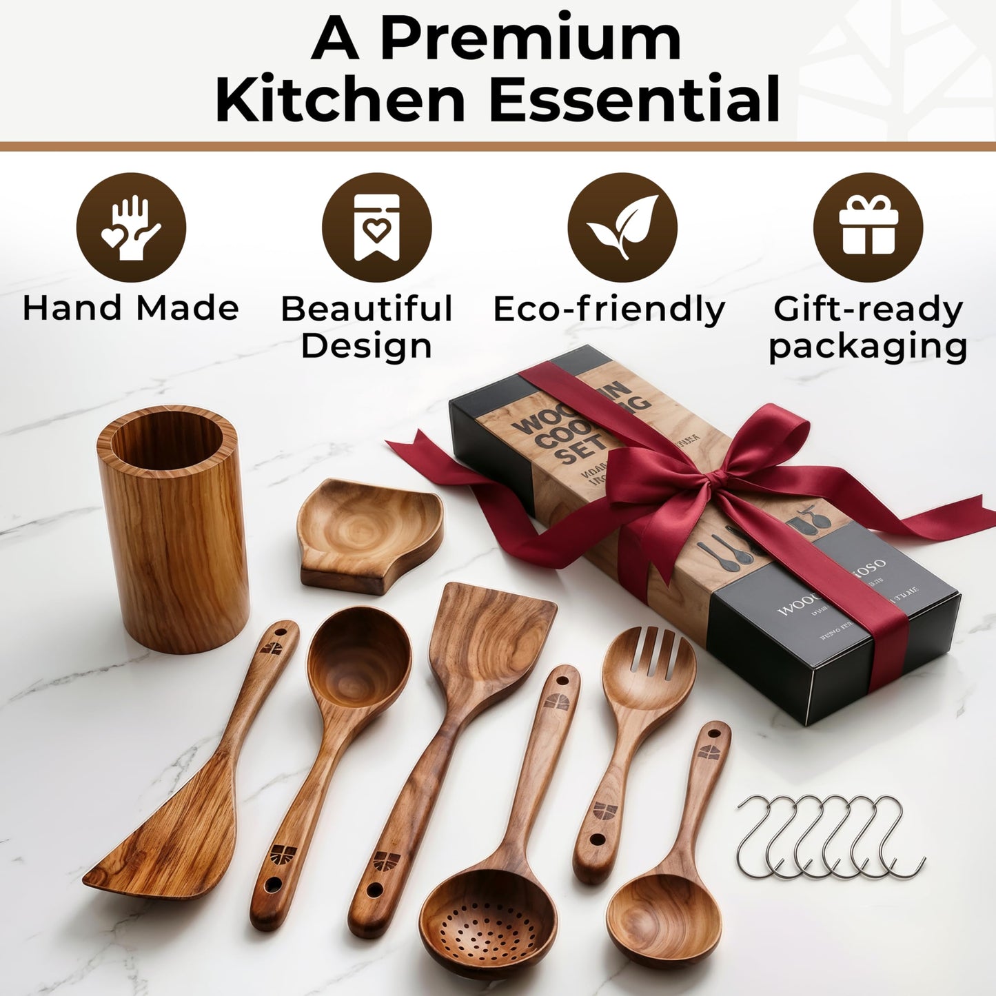Wooden Utensil Set 8 Pcs – Sturdy & Easy to Clean, Natural Teak Wooden Spoons for Cooking – Non-Scratch Cooking Utensils with Spatula, Turner, Ladle, Spoons, Skimmer, Holder, Spoon Rest & 6 Hooks