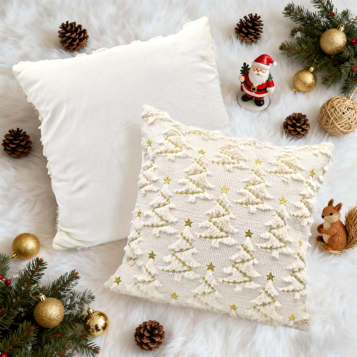 YIOTJUNL Christmas Pillow Covers 18x18 Set of 2 Soft Plush Embroidered Cushion Covers Decorative Gold Star Beige Christmas Tree Throw Pillow Cases Decorations for Winter Holiday Sofa Home Decor