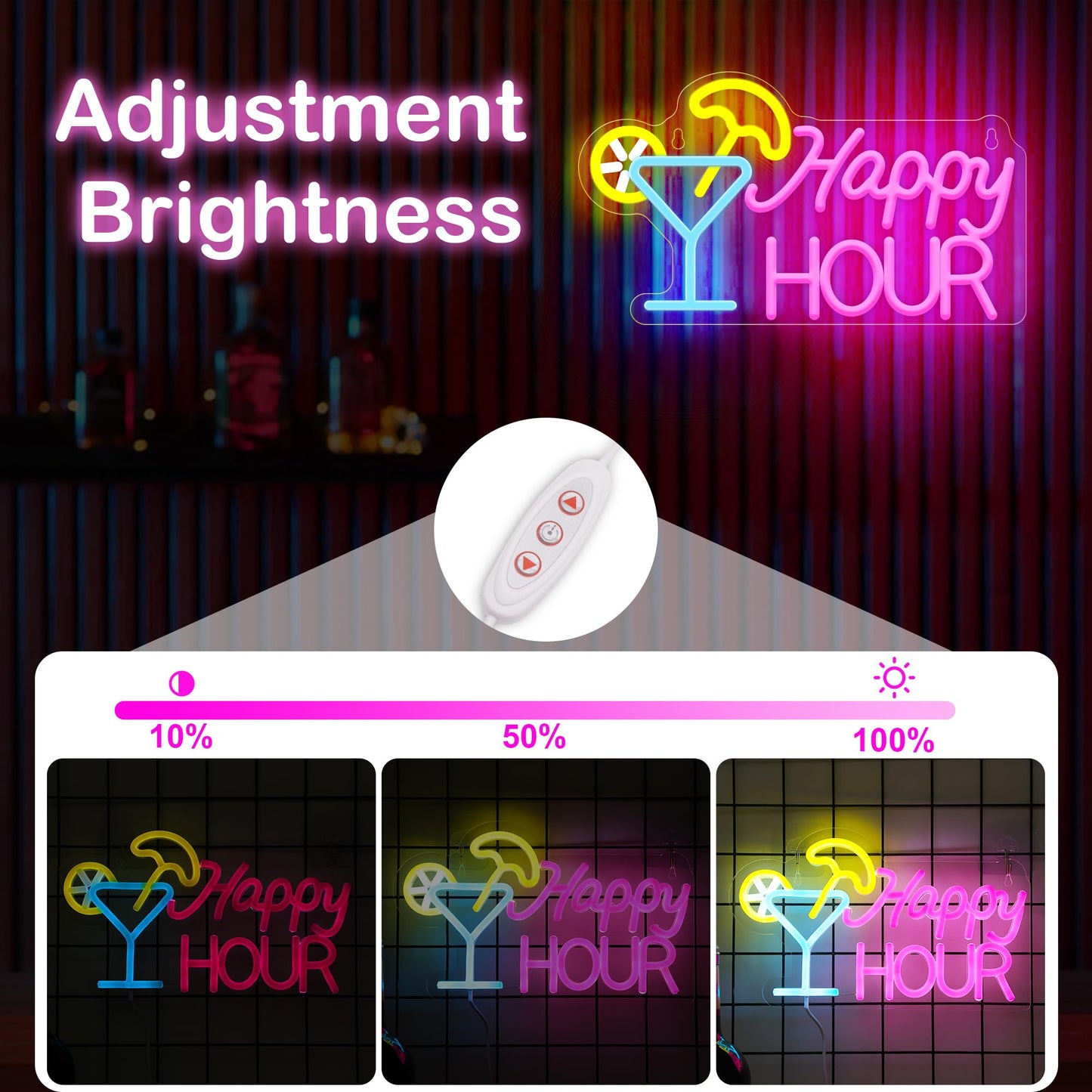 Attivolife Cocktail Happy Hour Neon Sign, Bright LED Lights with USB Powered, Light up Wall Decor for Bedroom, Man Cave, Unique Business Lamp for Club, Store, Party, Bistro, Birthday Christmas Gifts