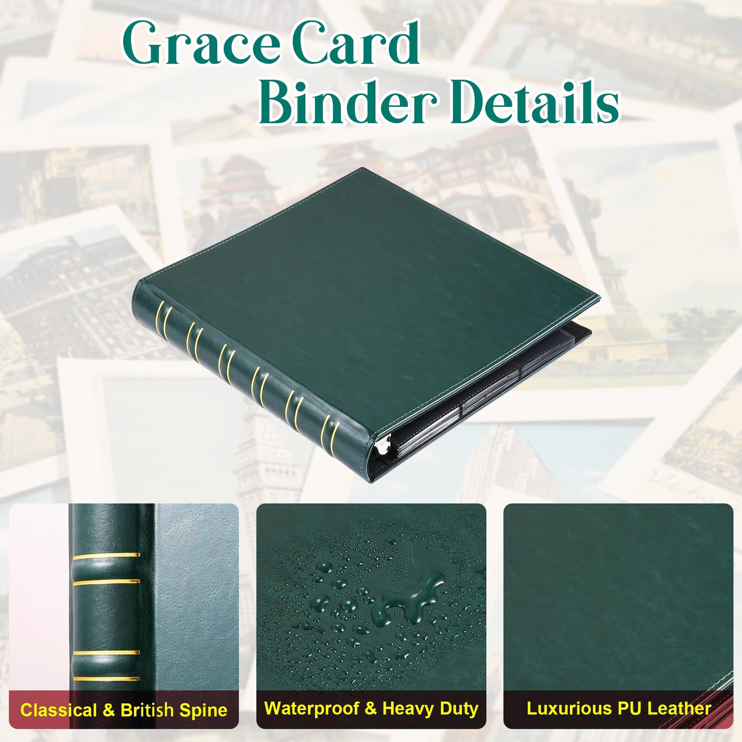 WOT I Deluxe Trading Card Binder, 450 Pockets Collectible Card Binder Sleeves, Refillable Leather 3 Ring Binder with Side-load Pocket Card Pgaes for Holding Cherished Cards - Green