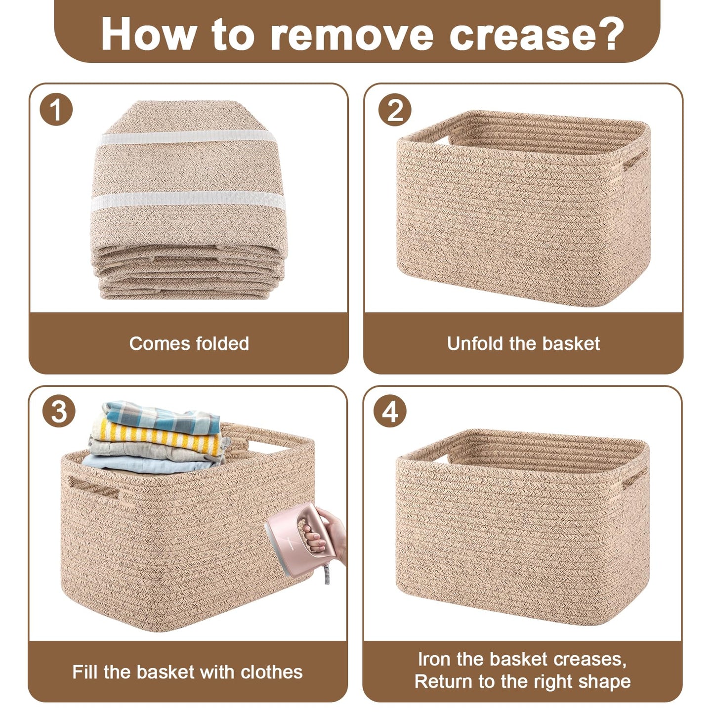 OIASKET Storage Baskets for Organizing, Woven Decorative Baskets for Shelves - Books, Towels, and Clothes, Cotton Rope Toy Storage Bins, 12.7''Lx9''Wx7.8''H, Pack of 4, Brown
